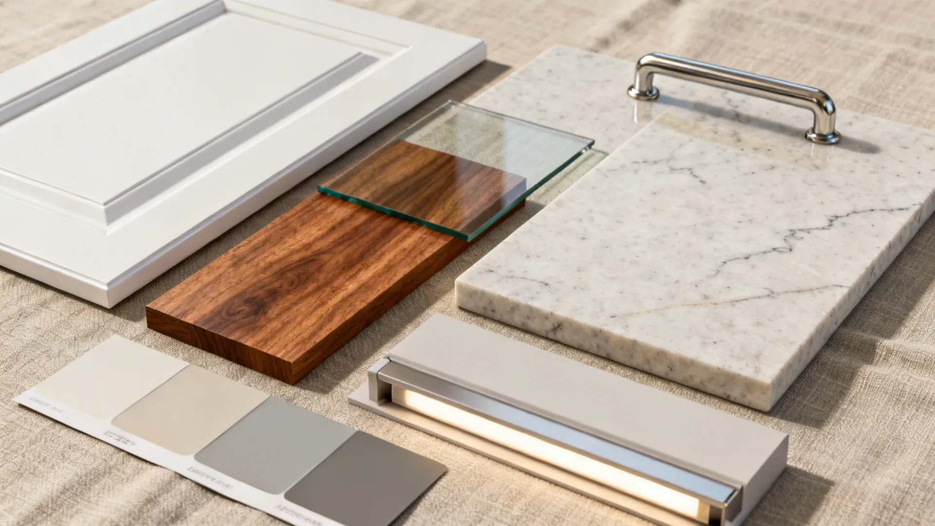 Flat lay of walnut, matte white cabinetry, glass, light quartz, and stainless hardware samples.