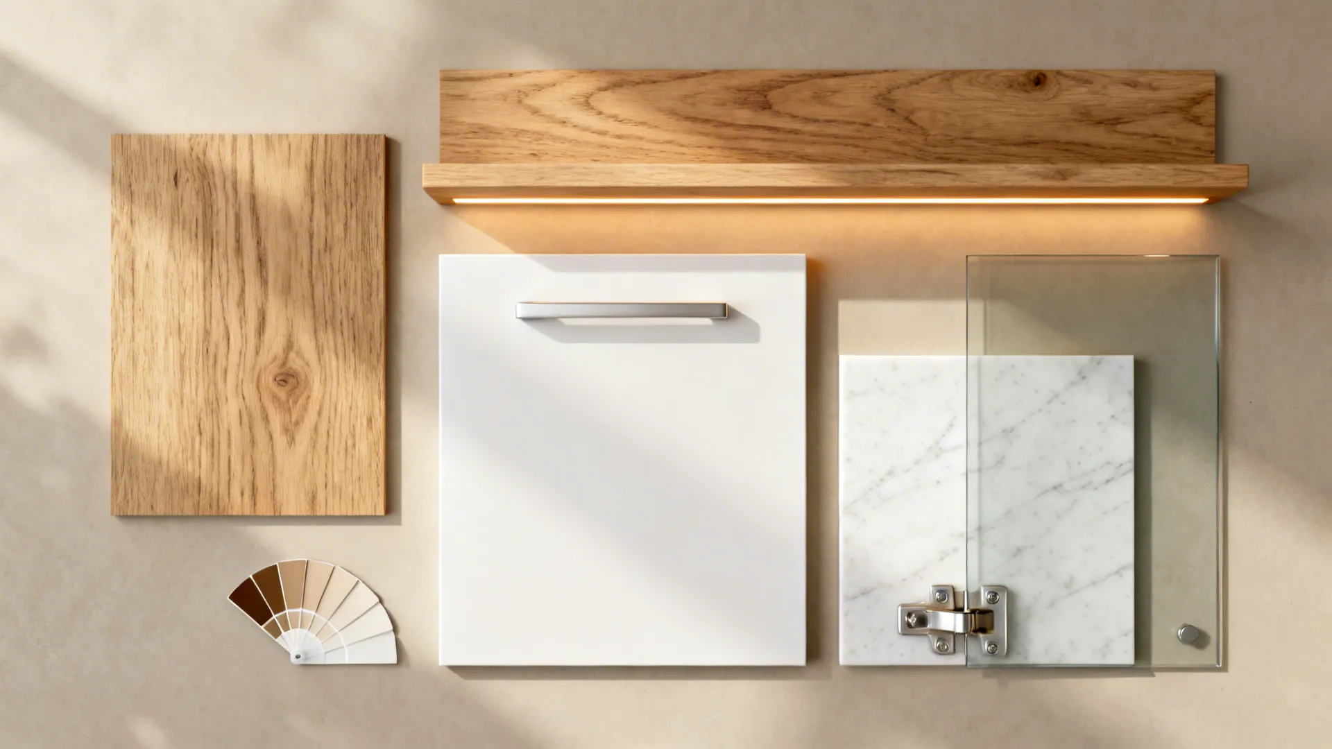 Material flat-lay with rift white oak, white slab cabinet, quartz, and low-iron glass.