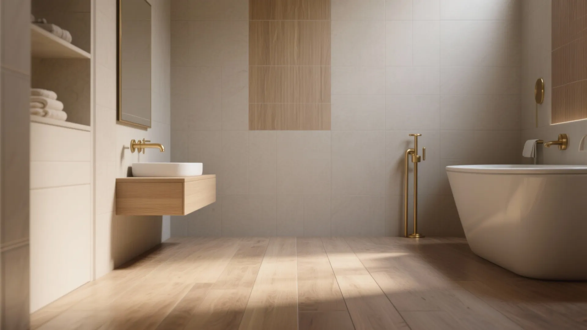 Bright bathroom interior with wood floor a white bathtub and wooden floating sink with gold