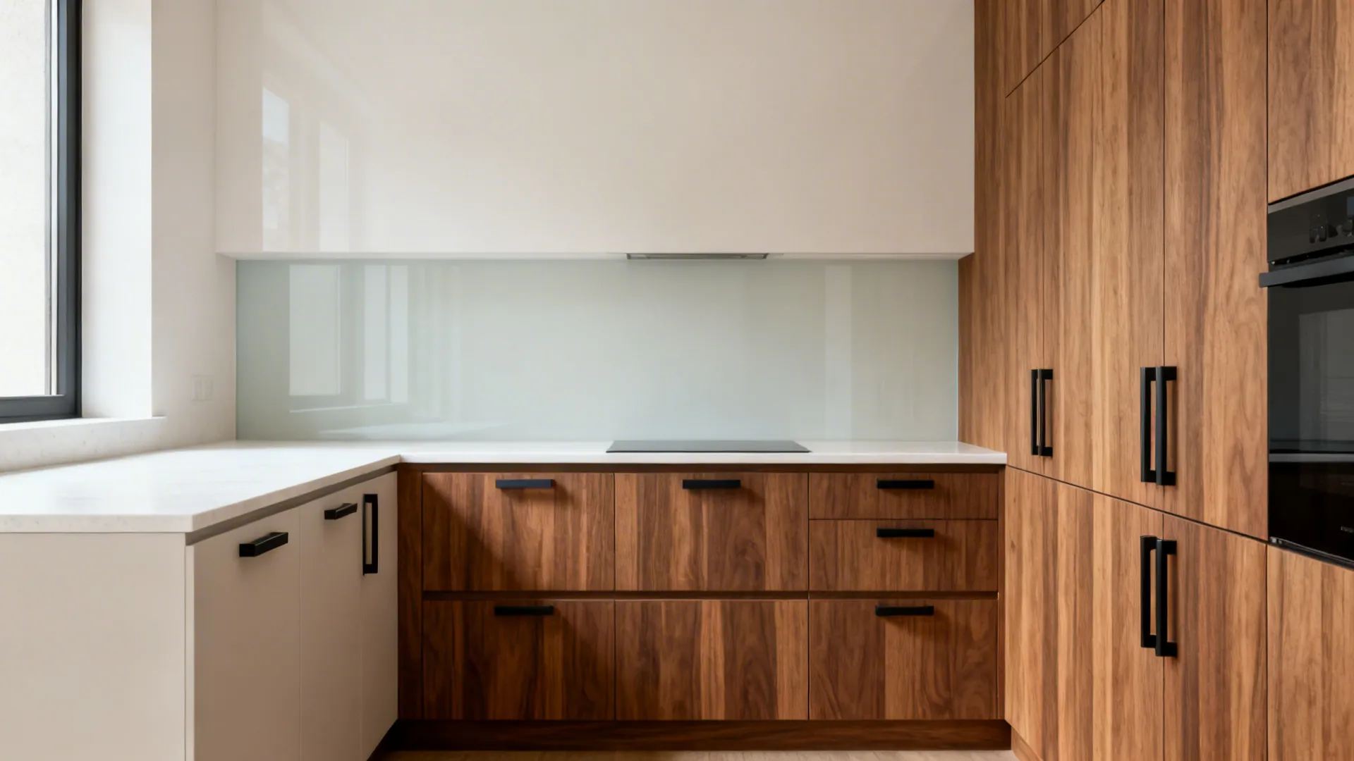L-shaped kitchen with warm wood base cabinets on the long leg and matte lacquer on the short leg.