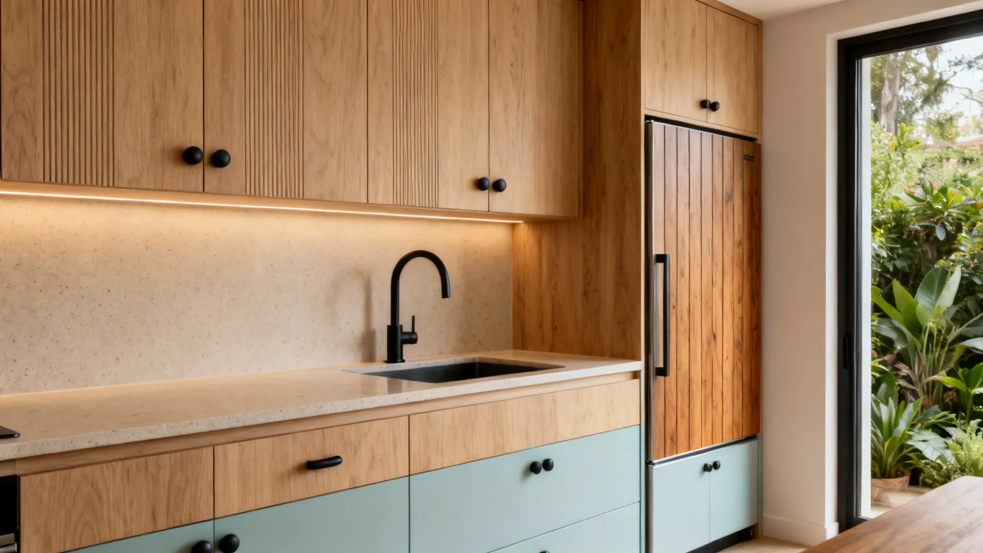 Cozy small kitchen with light oak fronts, matte black hardware, and warm lighting for a welcoming feel.