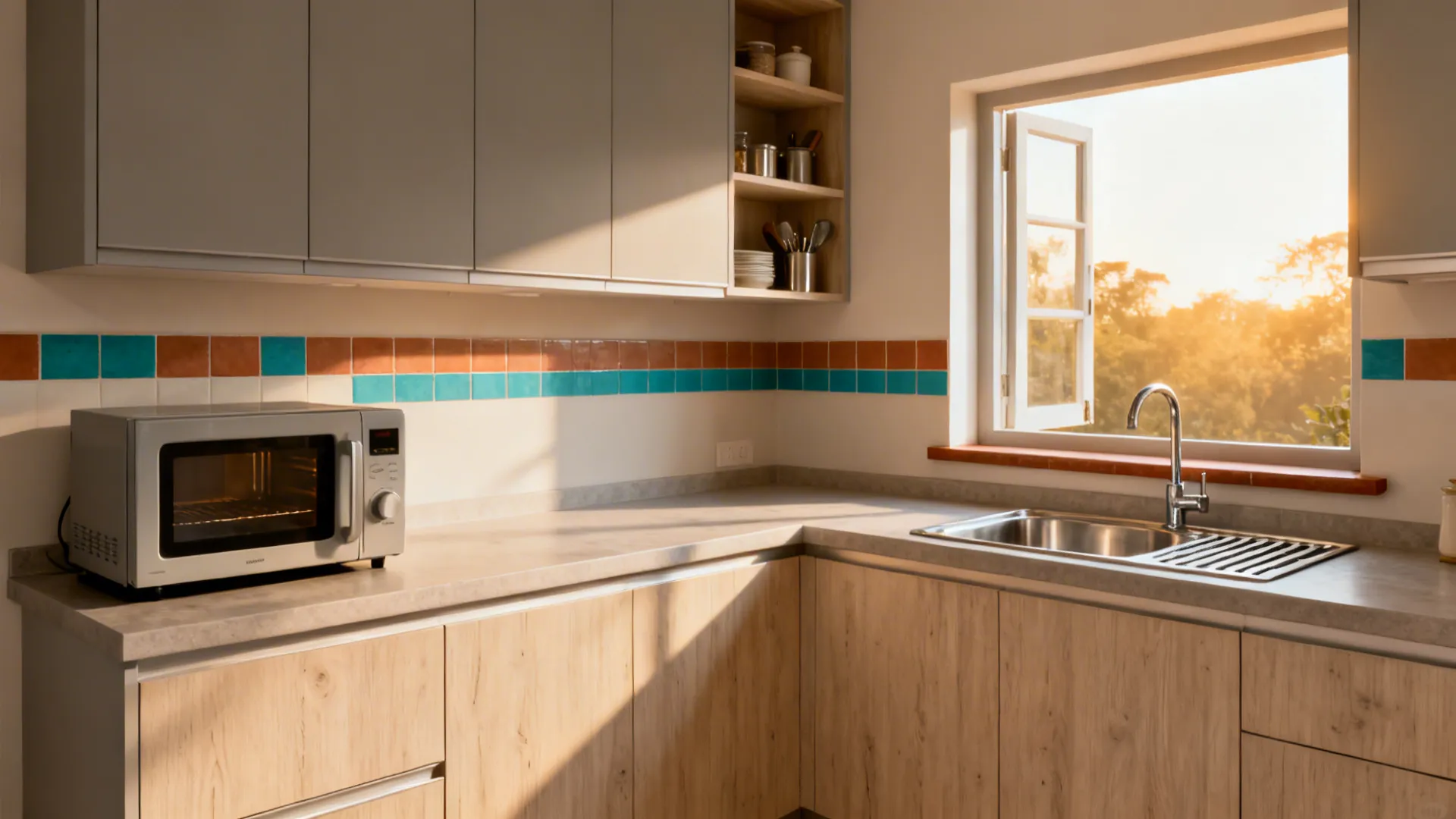 Warm wood, matte finishes, and compact appliances