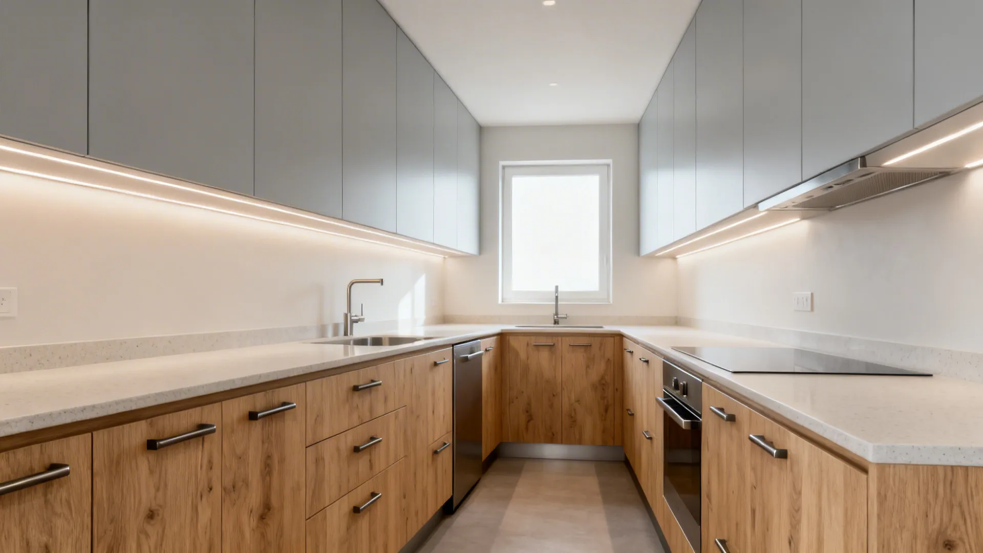 L-shaped kitchen with white oak lowers, matte nickel hardware, and light gray uppers under soft daylight.