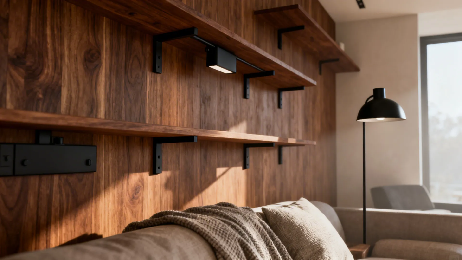 Living space with walnut wood shelving and matte black lighting and brackets.