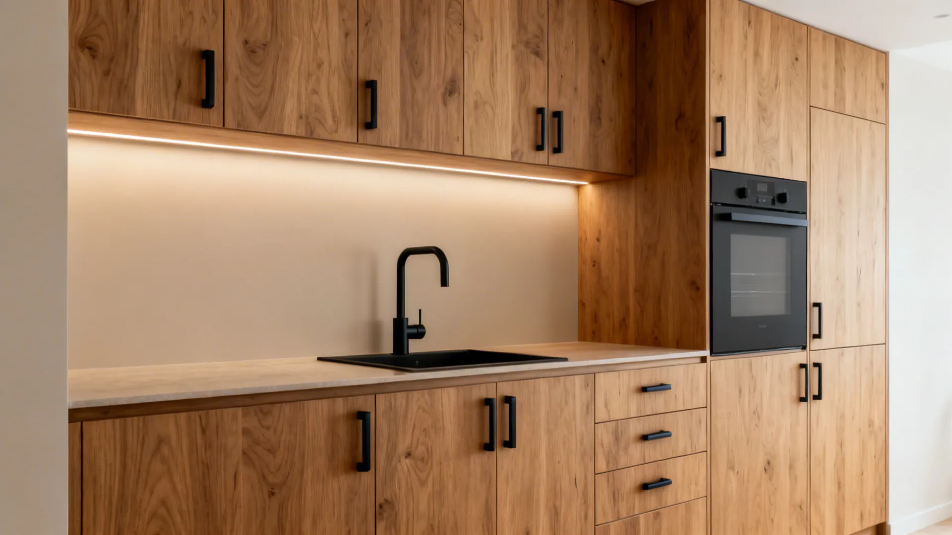 Light wood kitchen cabinets with black sink faucet oven and matching handles under warm lighting