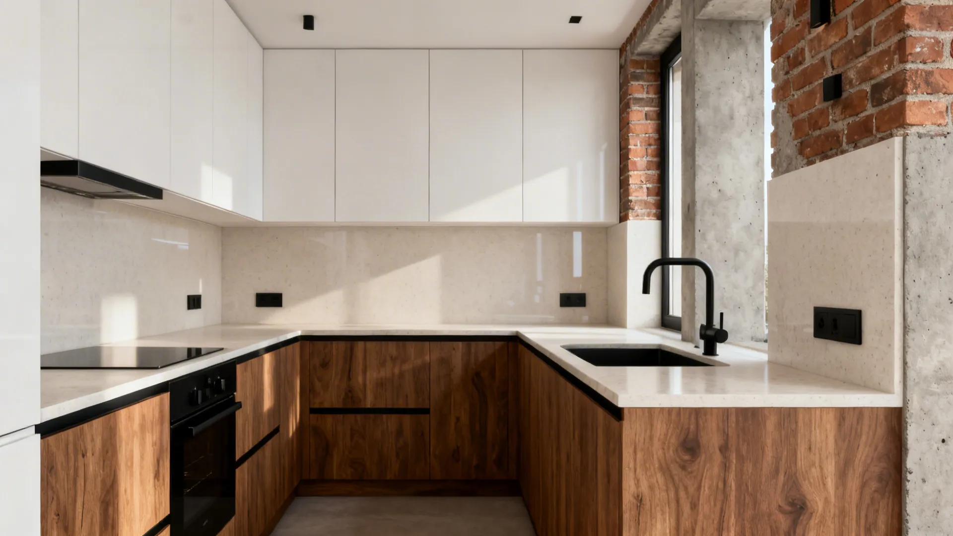Small kitchen vignette with warm wood cabinets, matte black hardware, and light counters.