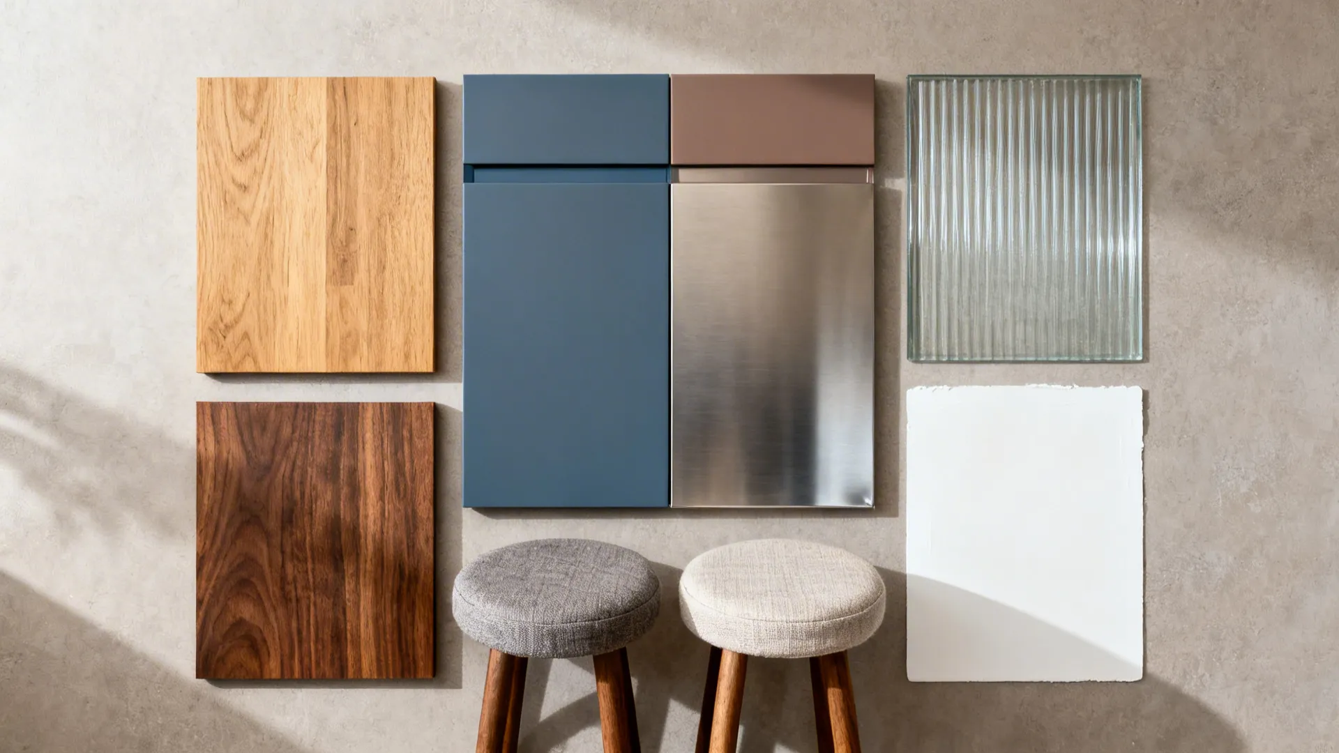 Interior design material board with wood samples, colored panels, glass, and two small round stools