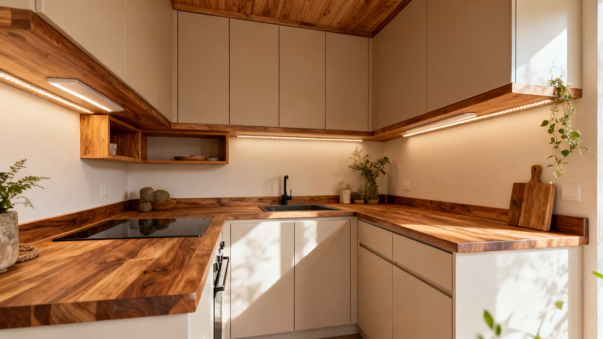 Warm wood accents and matte cabinet fronts create a cozy small L-shaped kitchen.