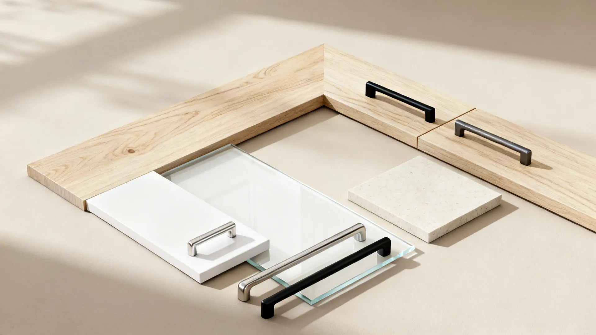 Black and silver cabinet handles shown on wood samples white panel and glass flat surfaces