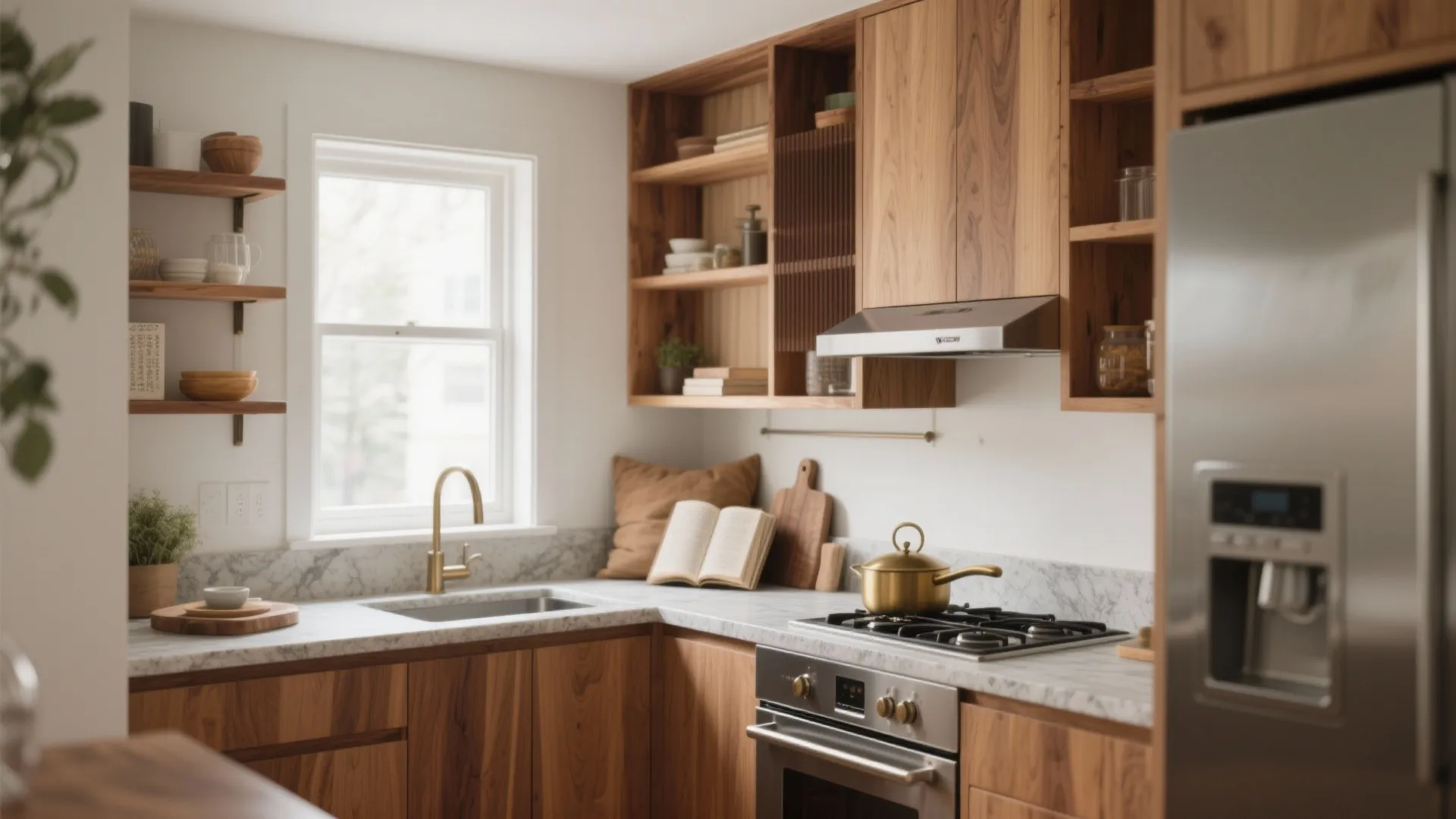 4) Warm Wood + Matte Metals (Comfort like a reading nook)