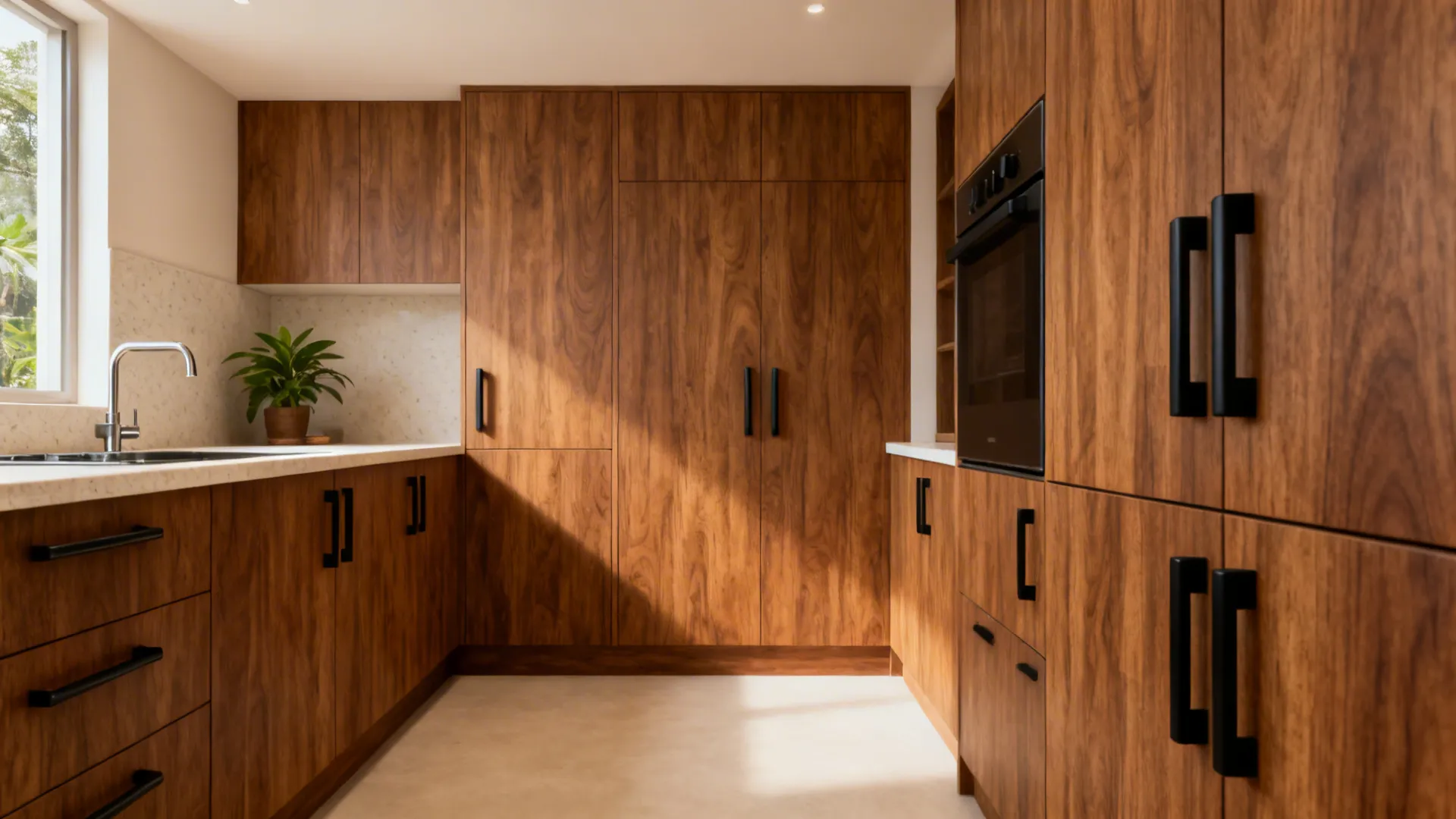 Compact kitchen with teak-tone laminates, matte metal pulls, and pale quartz counters