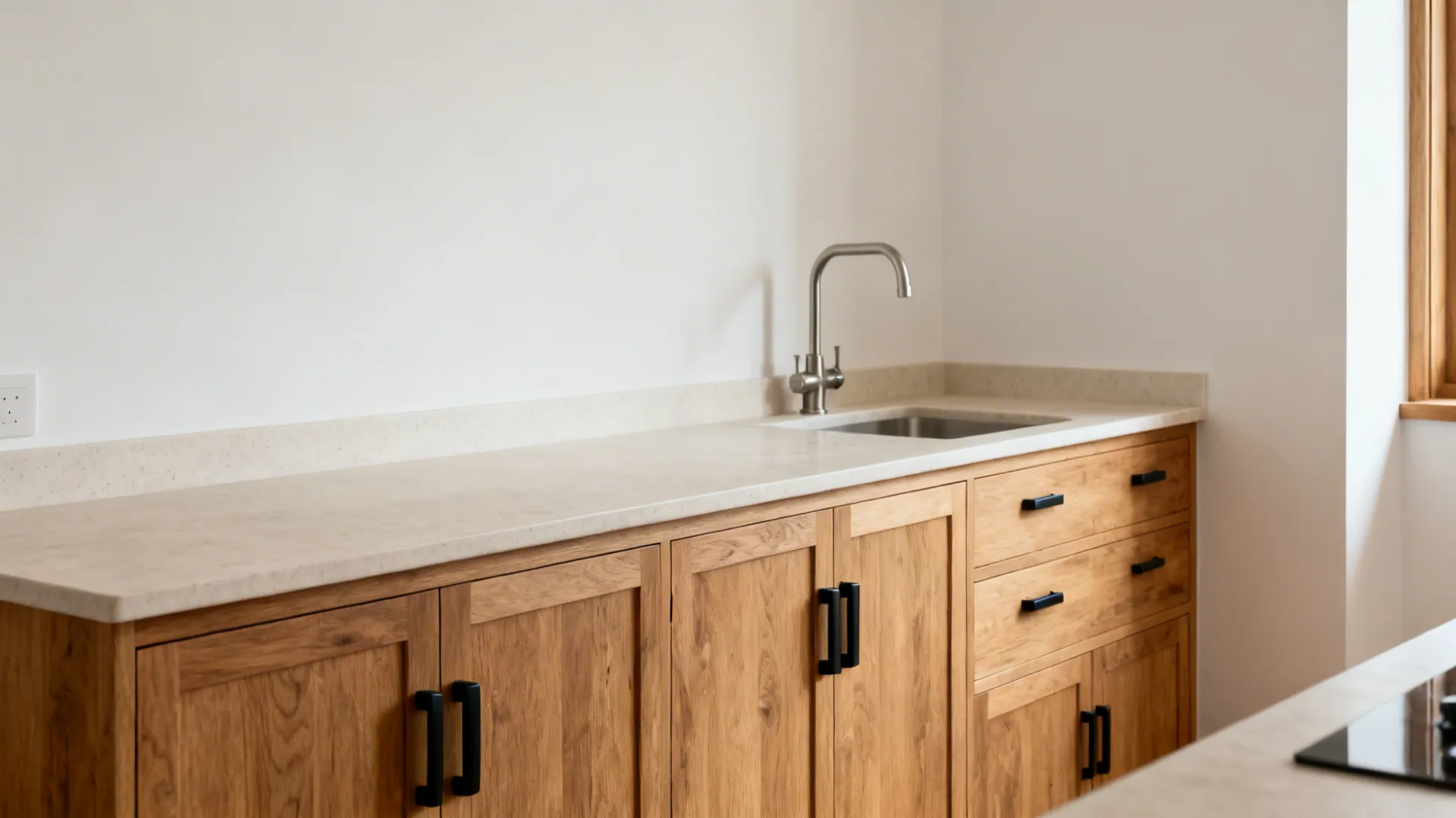 Warm kitchen with rift oak cabinets, matte black pulls, pale quartz, and a brushed nickel faucet.