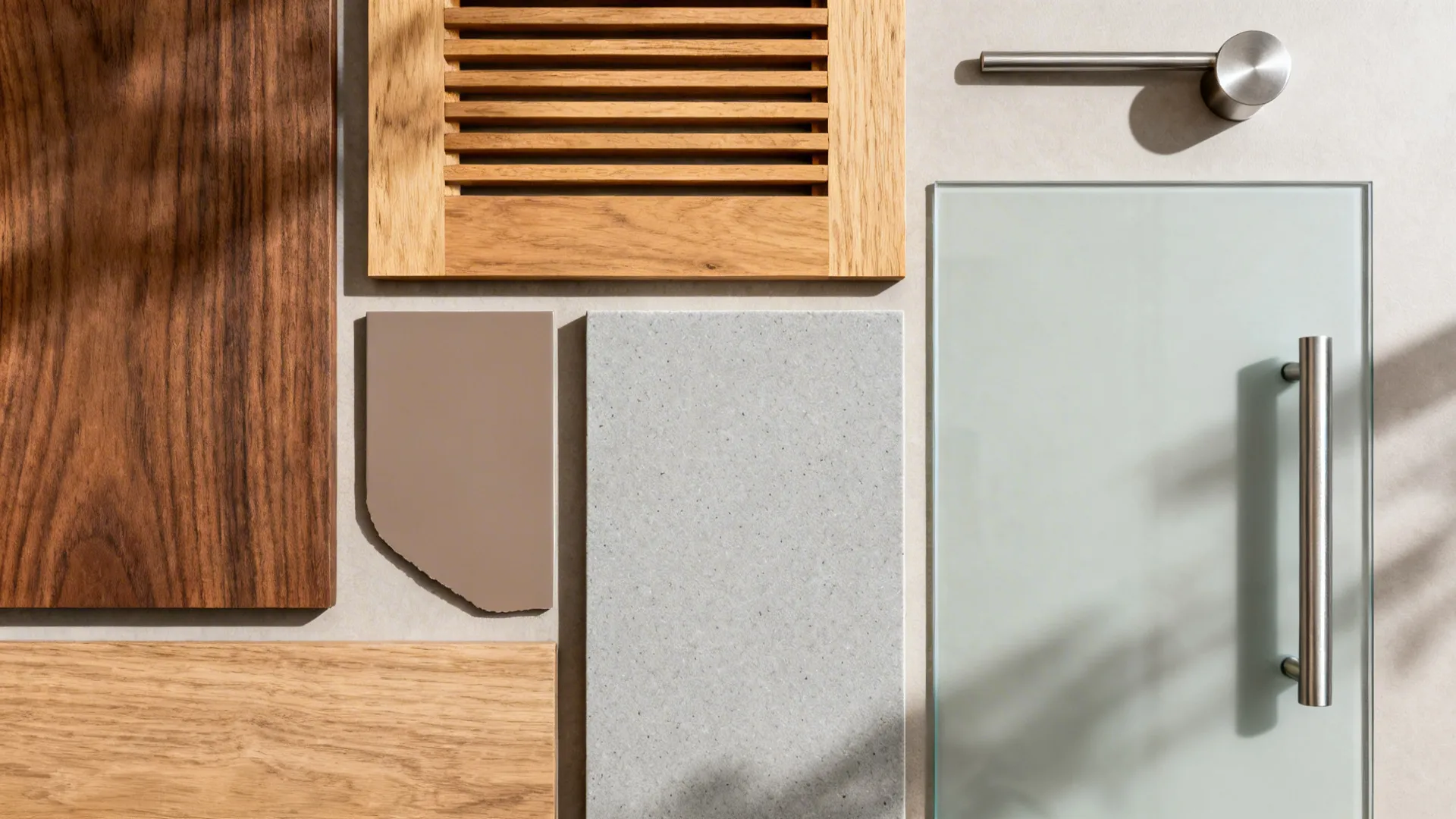 Flat lay of walnut and oak accents with matte taupe, pale gray quartz, glass, and brushed hardware.