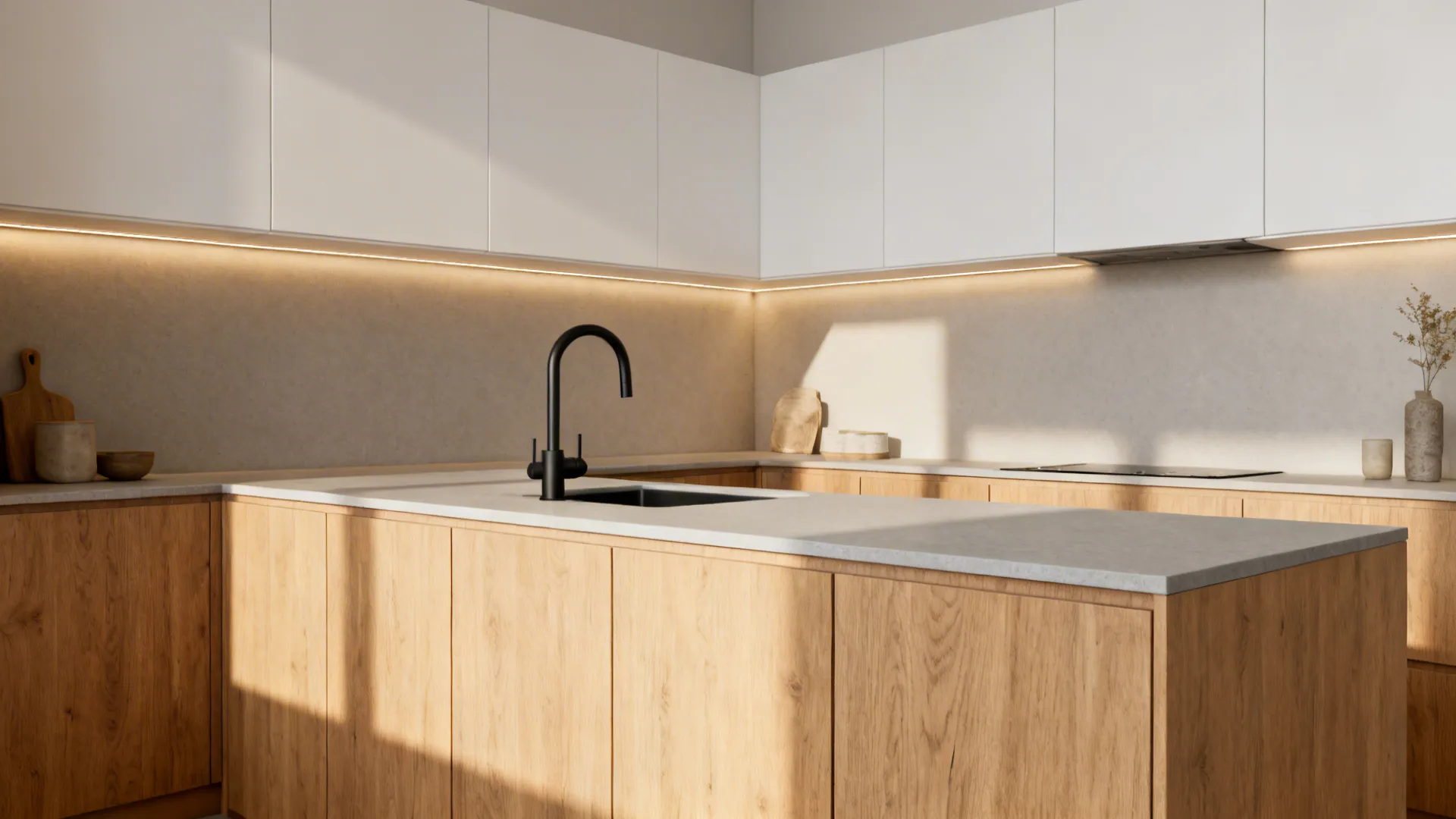 Small kitchen with warm oak lowers, matte white uppers, and a matte black faucet under soft lighting.