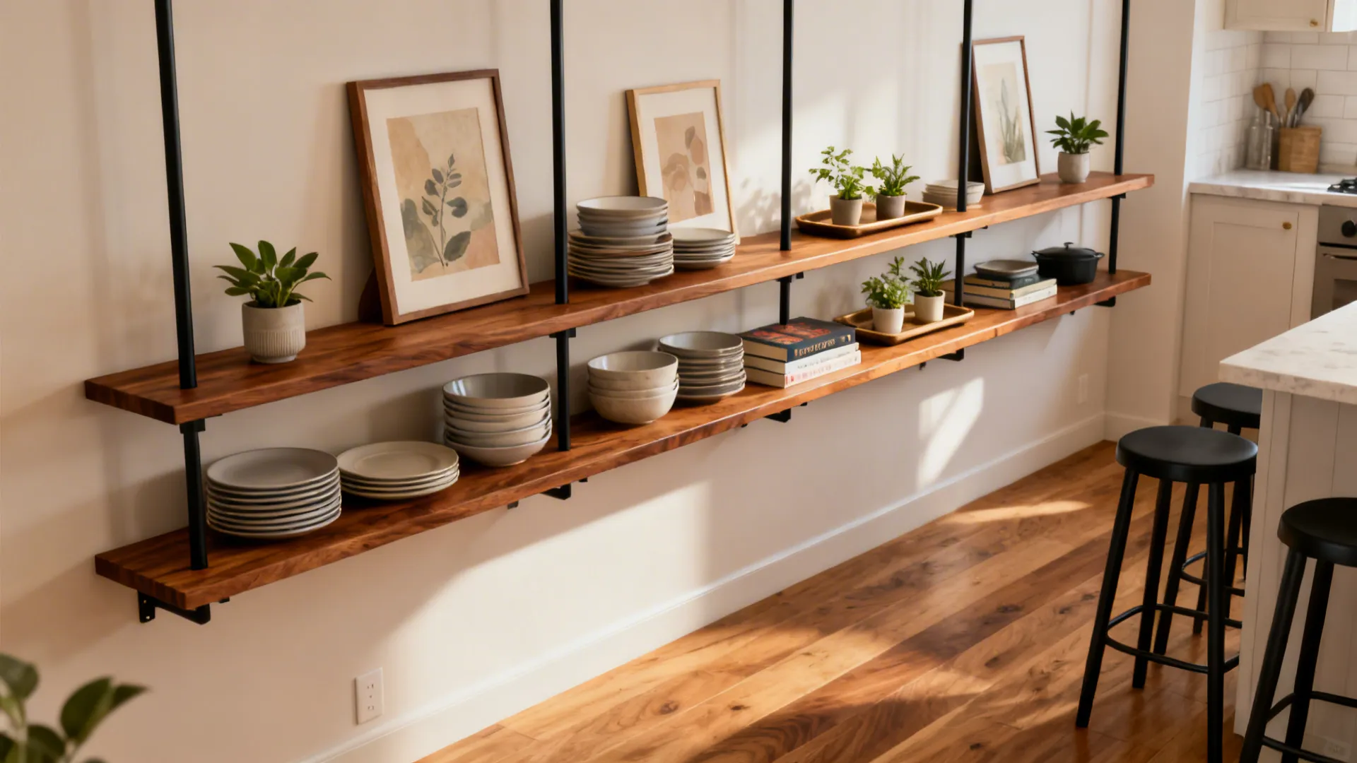 Warm wood shelves with slim black brackets styled with dishes, art, books, and plants.