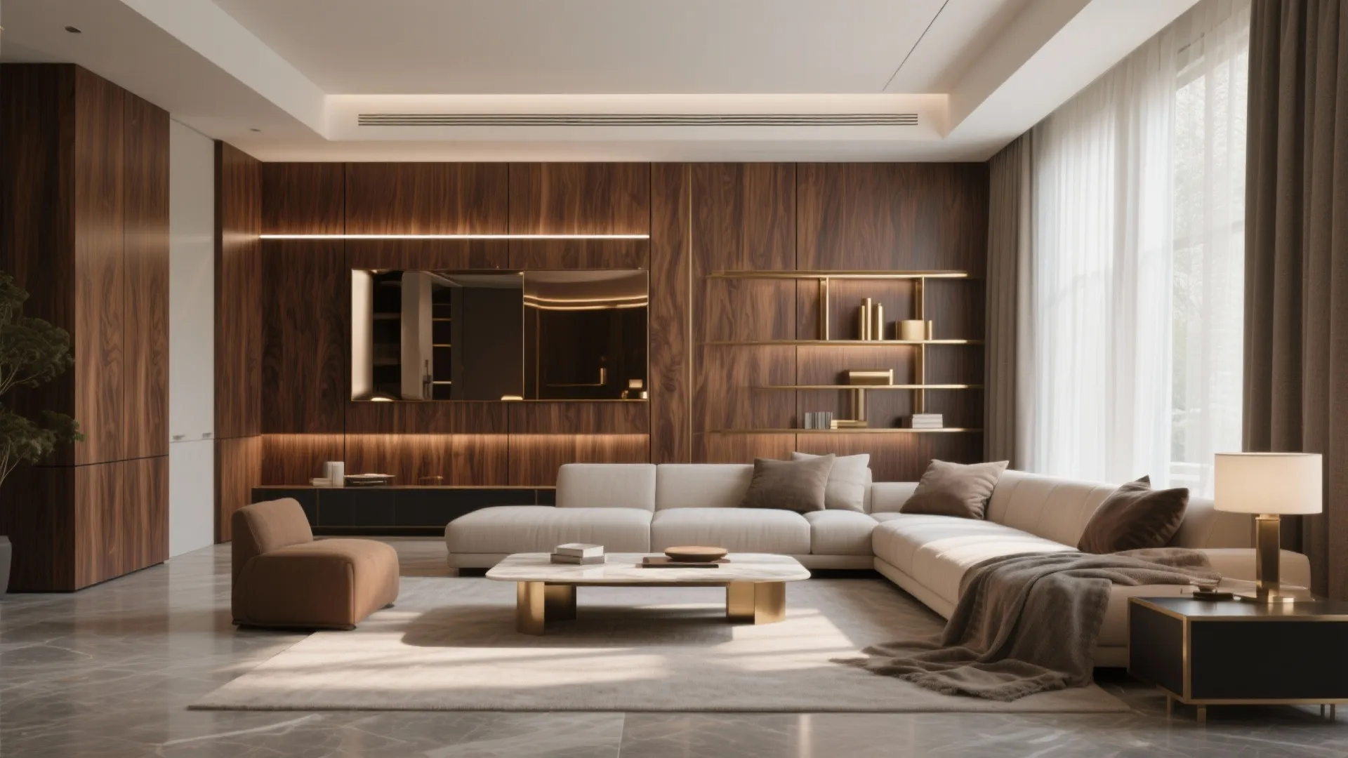 Warm wood and metal accents for layered luxury