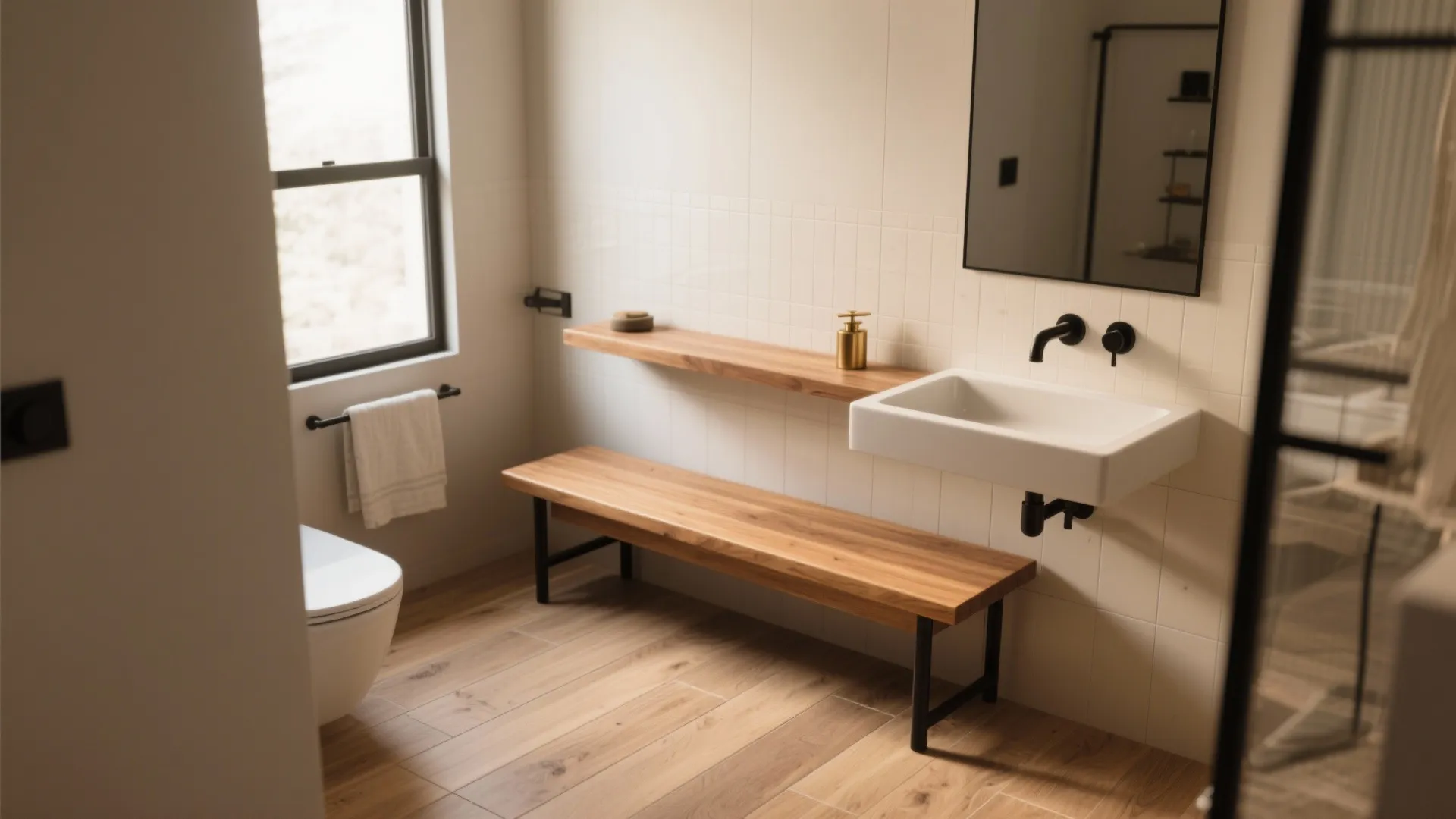 Warm wood tones and matte metals without the moisture drama