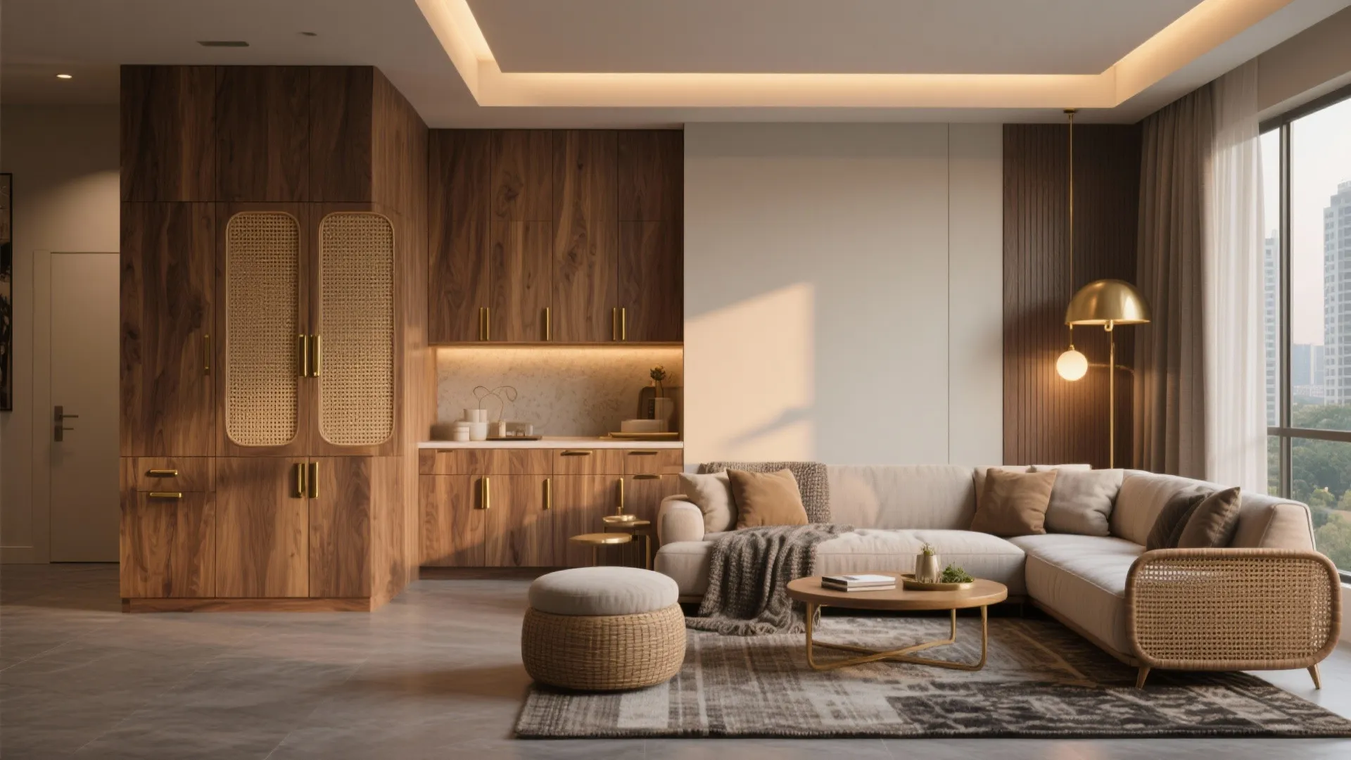 Textured wood and warm metals to balance high-rise minimalism
