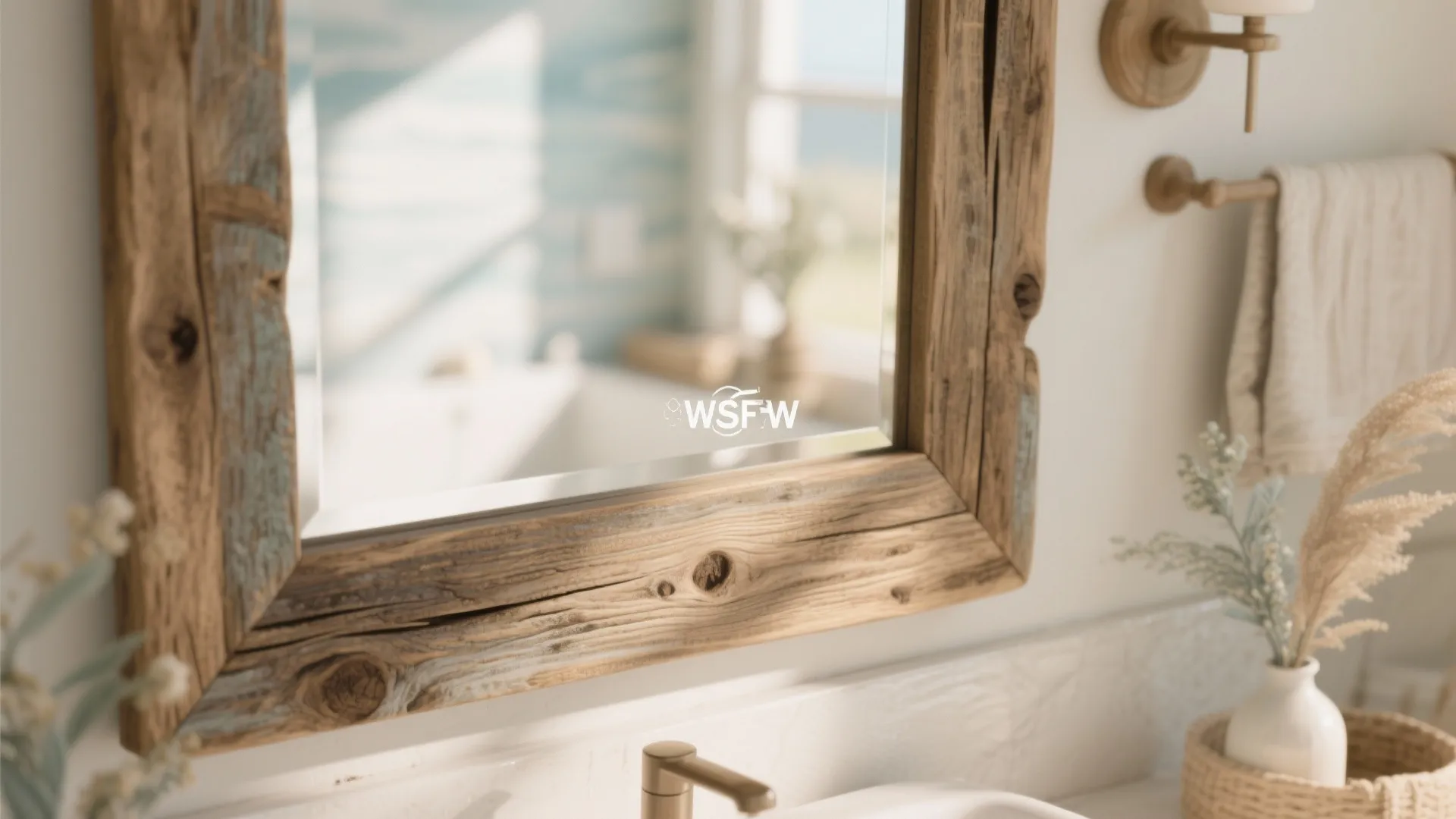 Rustic bathroom mirror with thick wood frame above white sink and gold faucet with towel