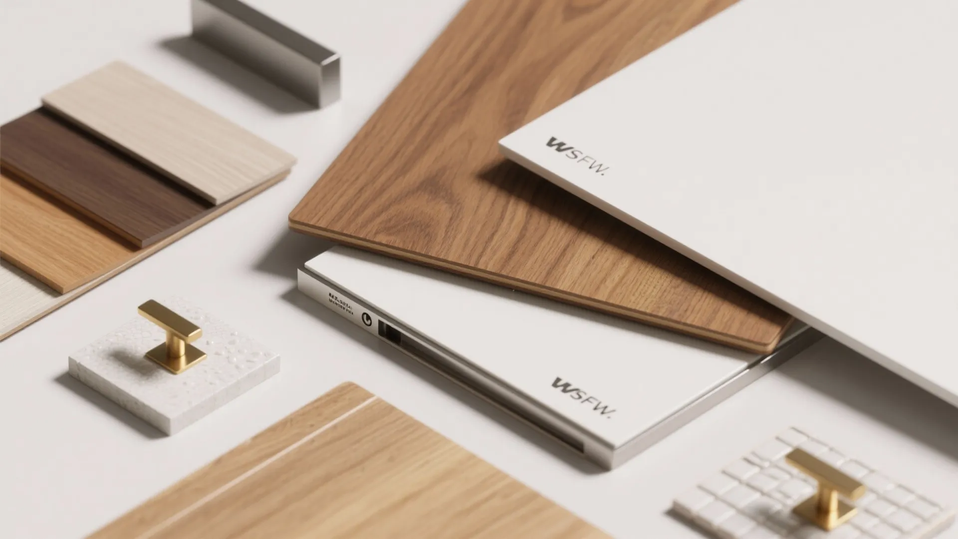 Flatlay of warm oak veneer, matte white samples, metal hardware and sealed finish details for kitchen cabinets.