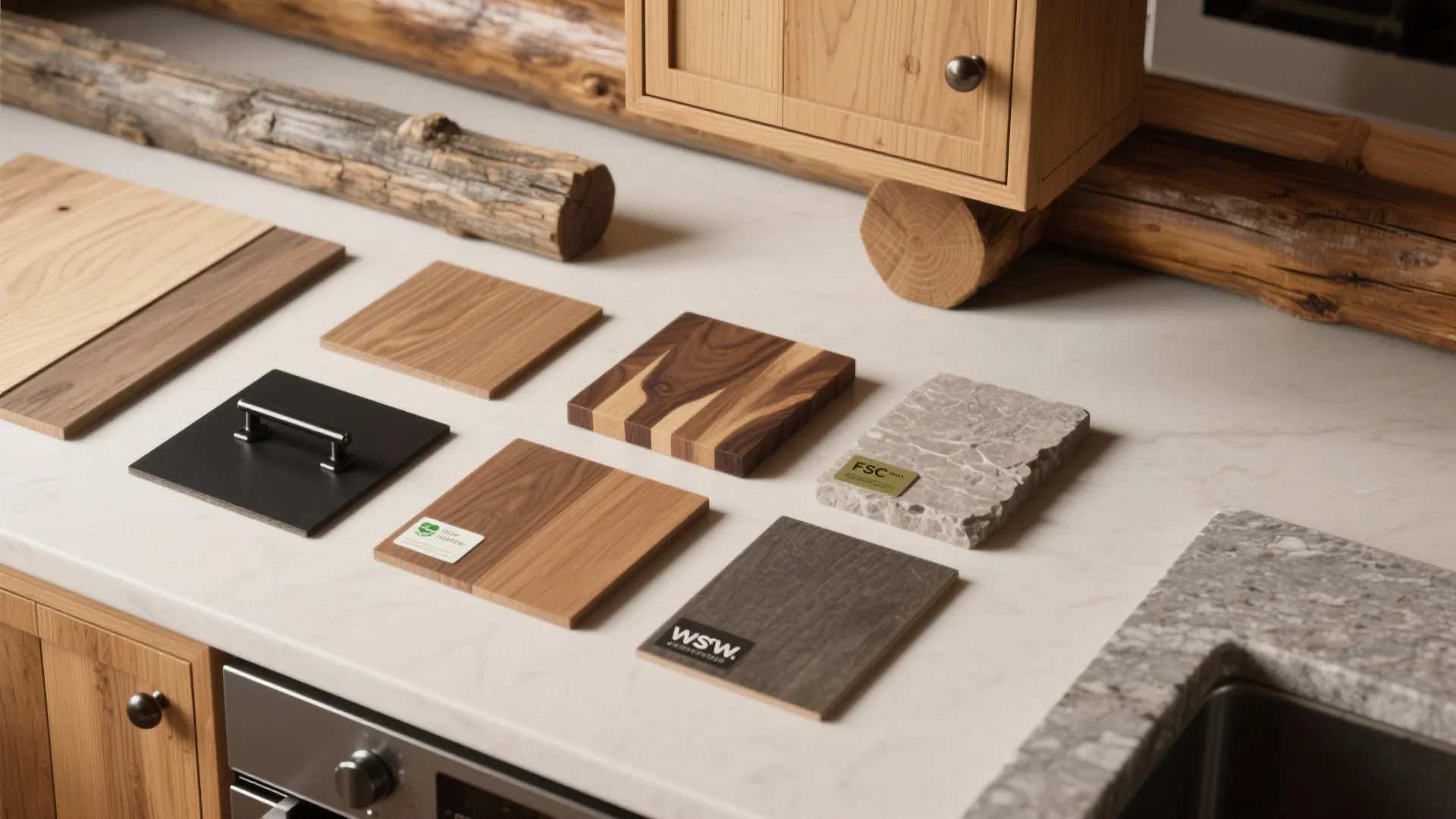 Material flatlay of reclaimed wood, butcher-block, plywood, matte black hardware and stone samples for a cabin kitchen.