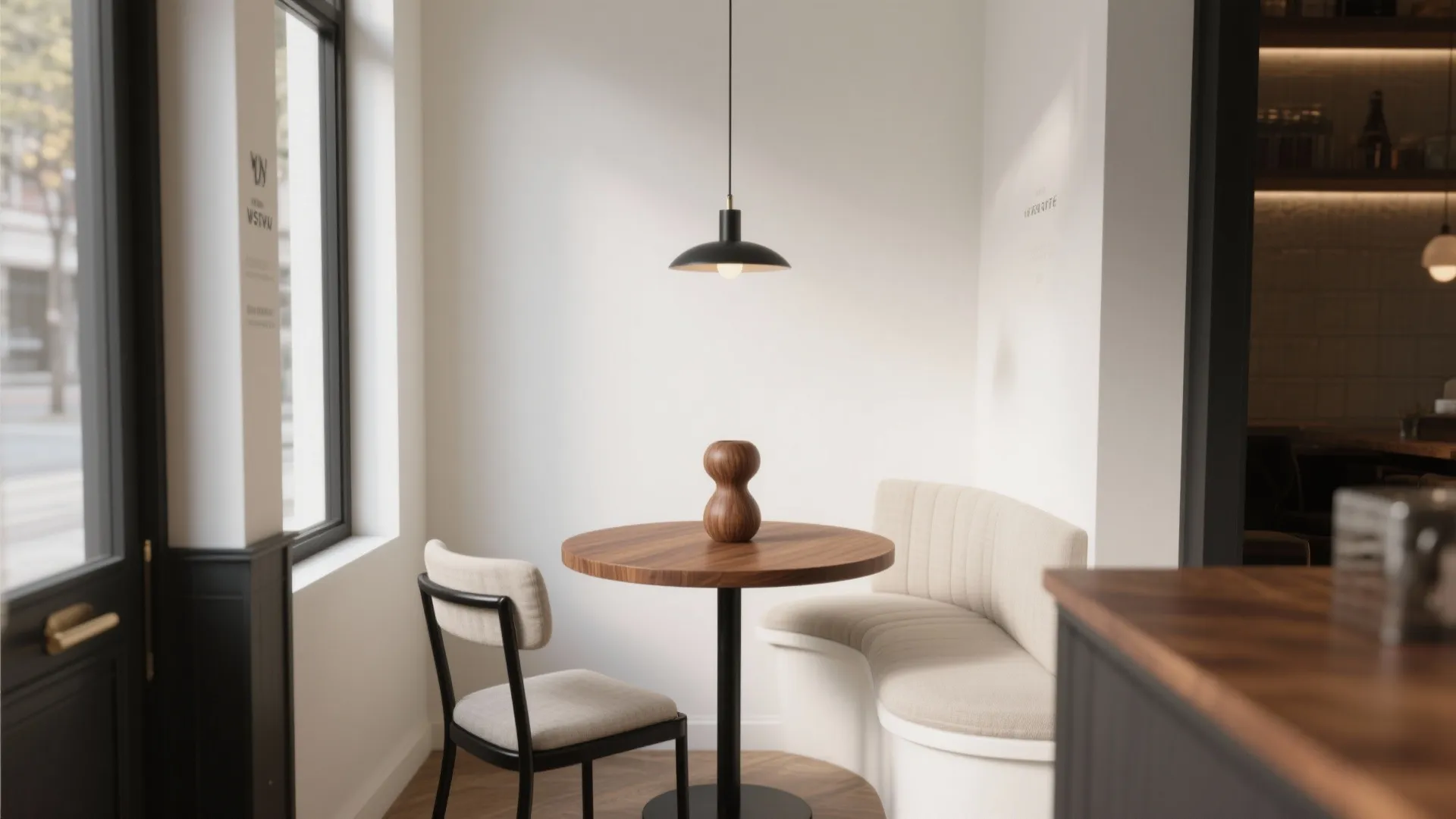 Cozy dining nook with round wooden table black ceiling light white wall and curved bench