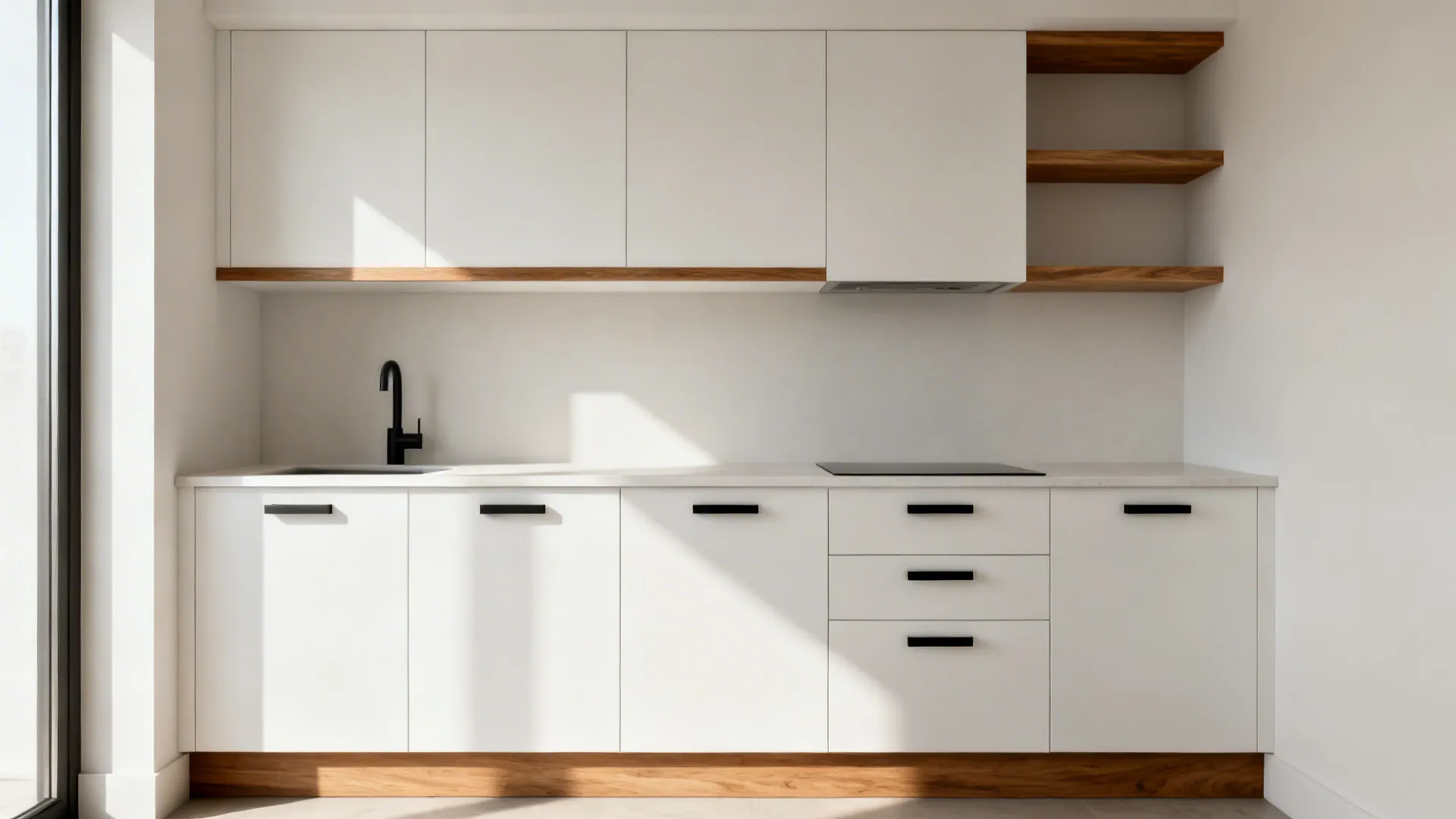 Modern compact kitchen with matte white fronts and rift-cut oak accents for warmth.