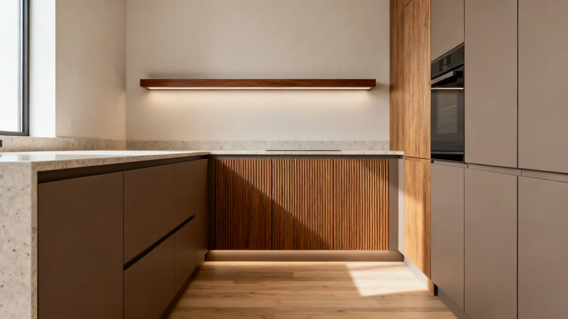 Modern taupe cabinets with oak tambour and a walnut shelf adding warmth and texture.