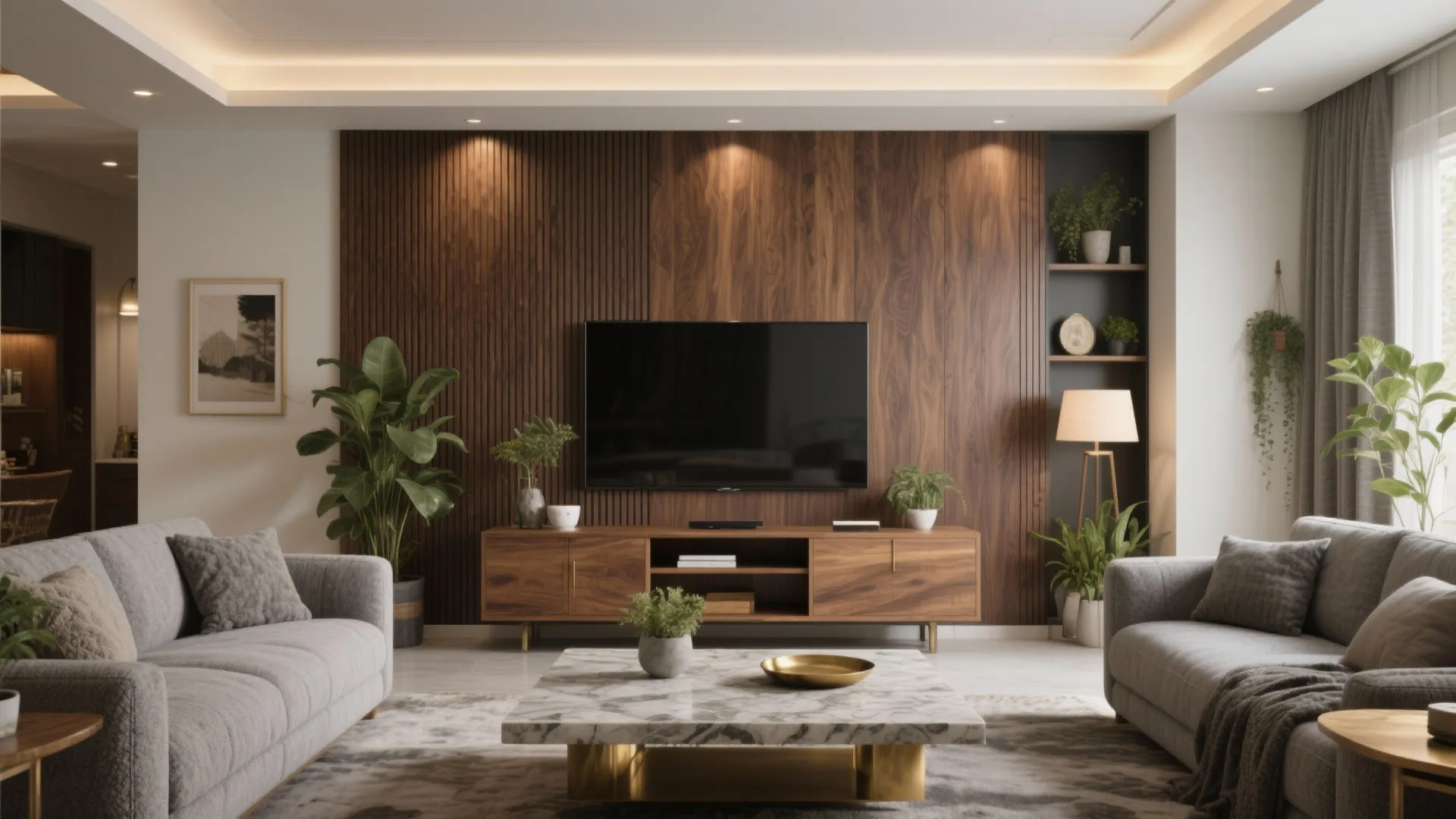 Warm wood elements to ground modern rooms