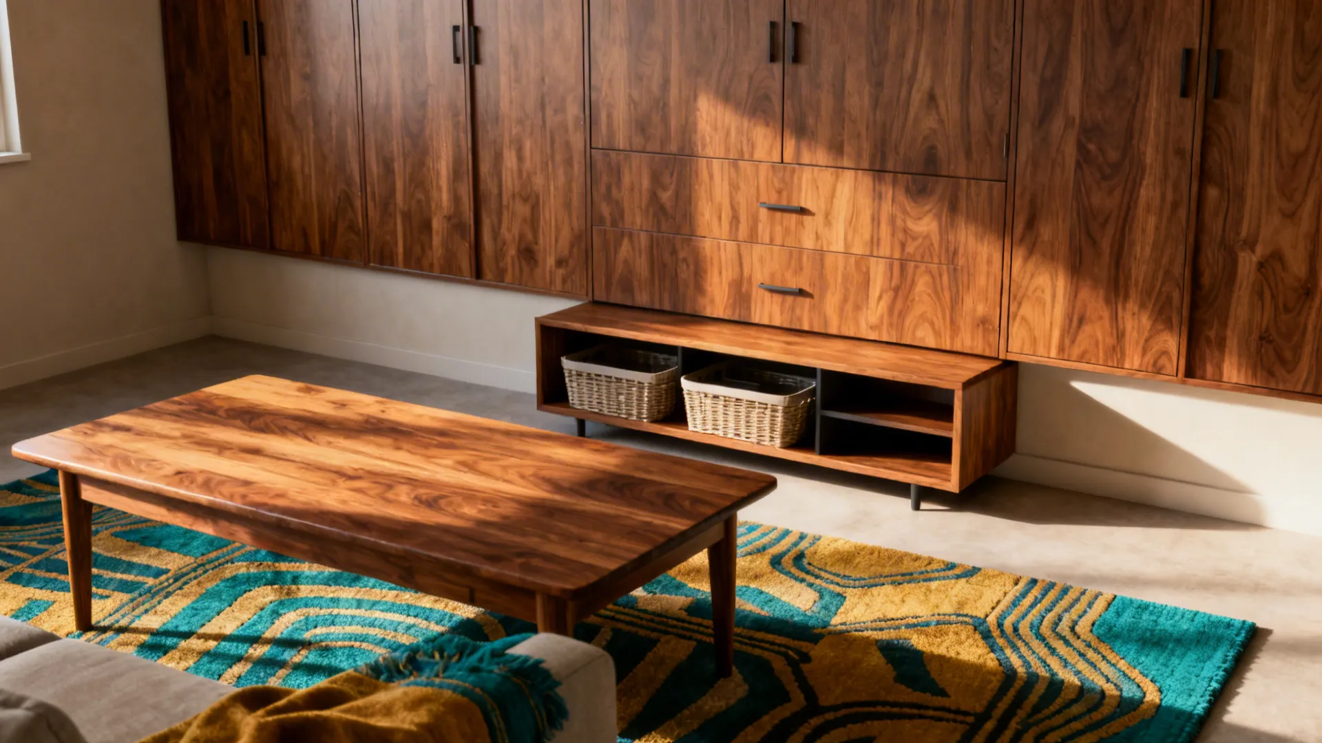 Small living area with walnut furniture and geometric textiles in teal and mustard