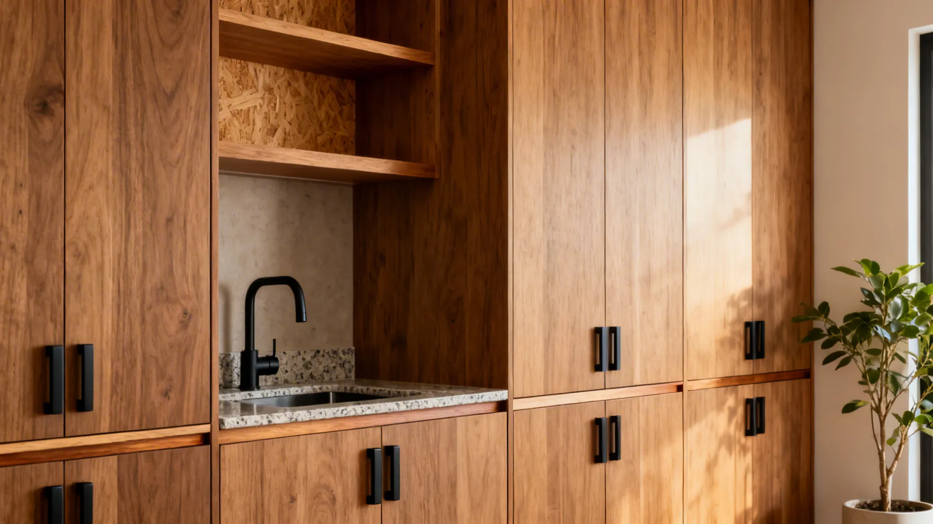 Modular kitchen with mid-tone oak laminates, matte black hardware, and moisture-smart finishes.