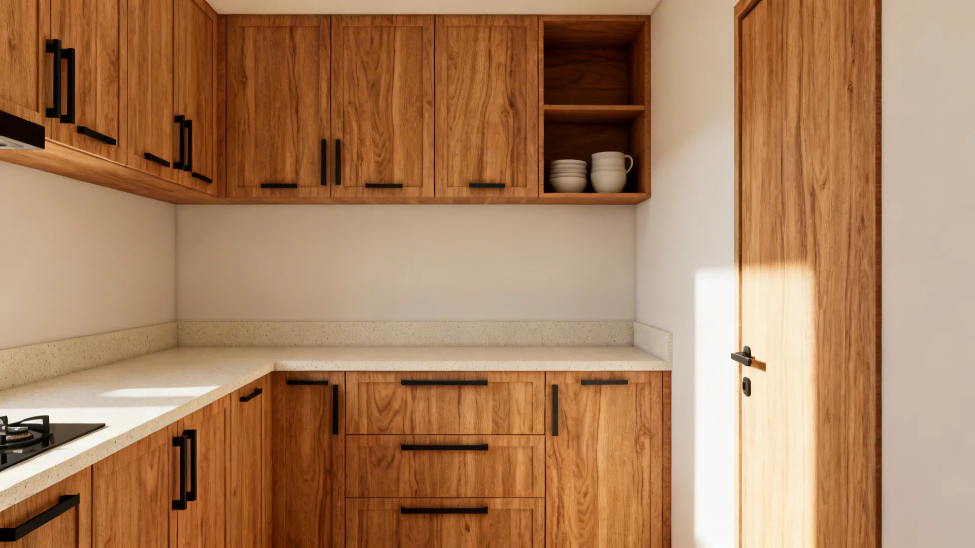Compact kitchen with rift-cut oak laminate on moisture-resistant cores and matte black pulls.