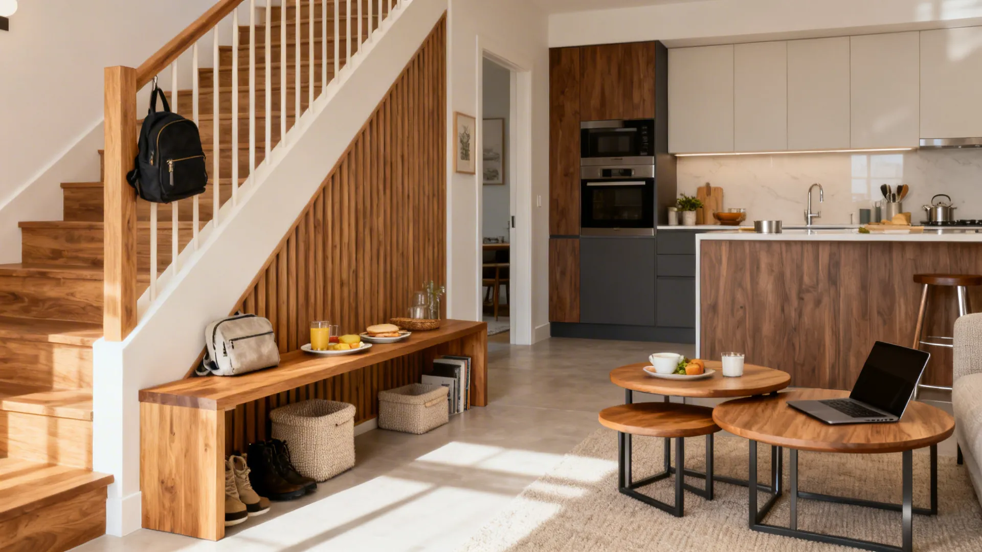 5) Warm wood accents with compact, multifunction furniture