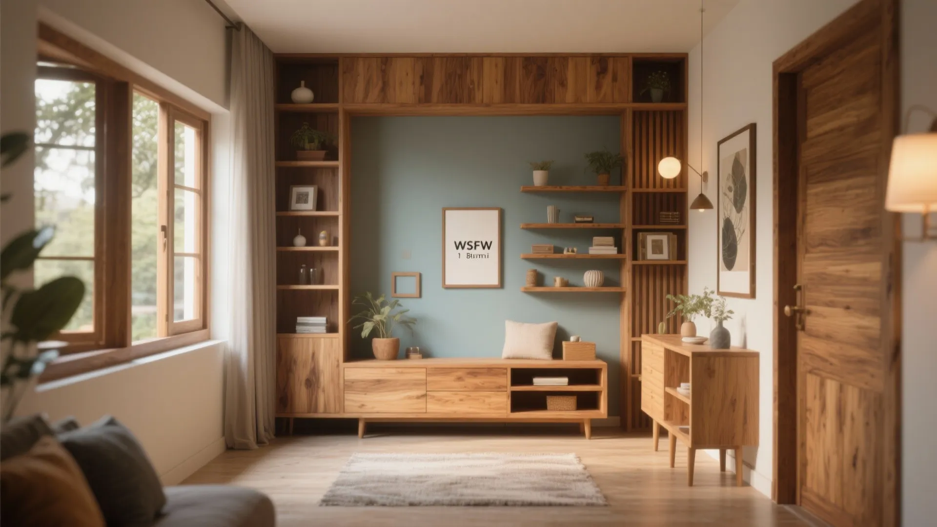 Modern wooden cabinet with wall shelves and blue accent wall in a bright living room