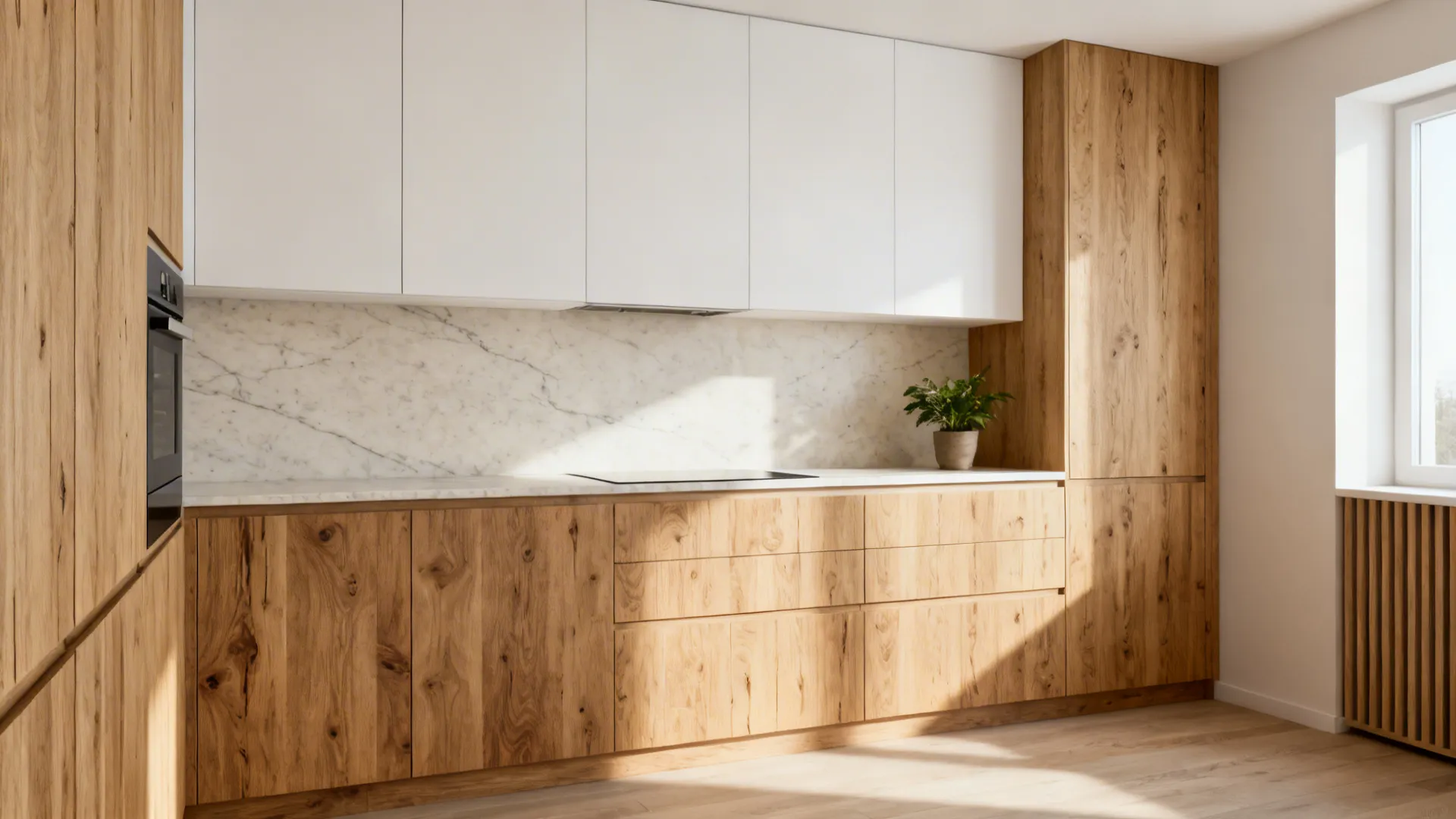 Scandinavian-inspired 10x12 kitchen with white fronts, rift-cut oak, and honed quartzite.
