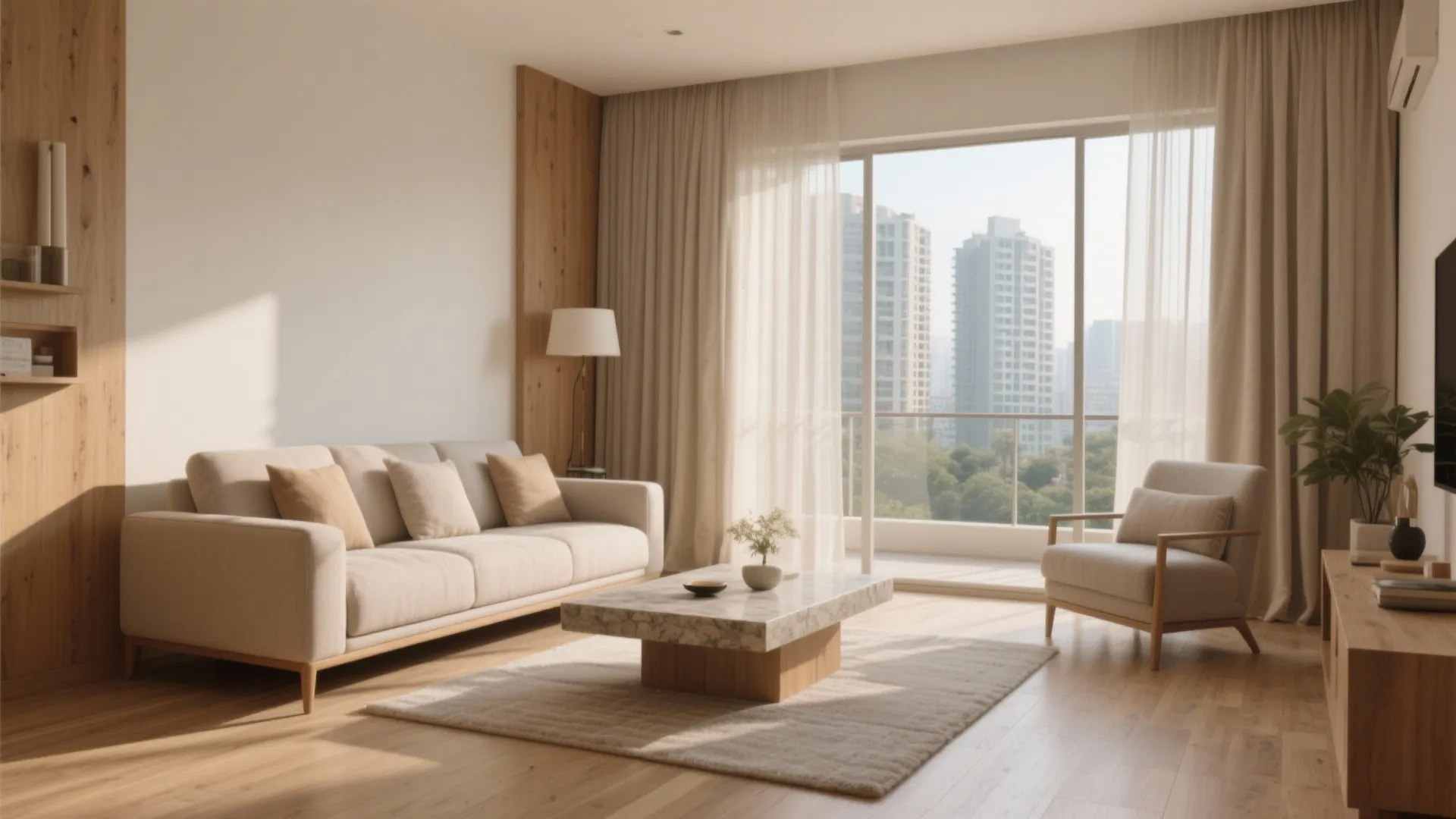 Warm wood tones balanced with breathable neutrals