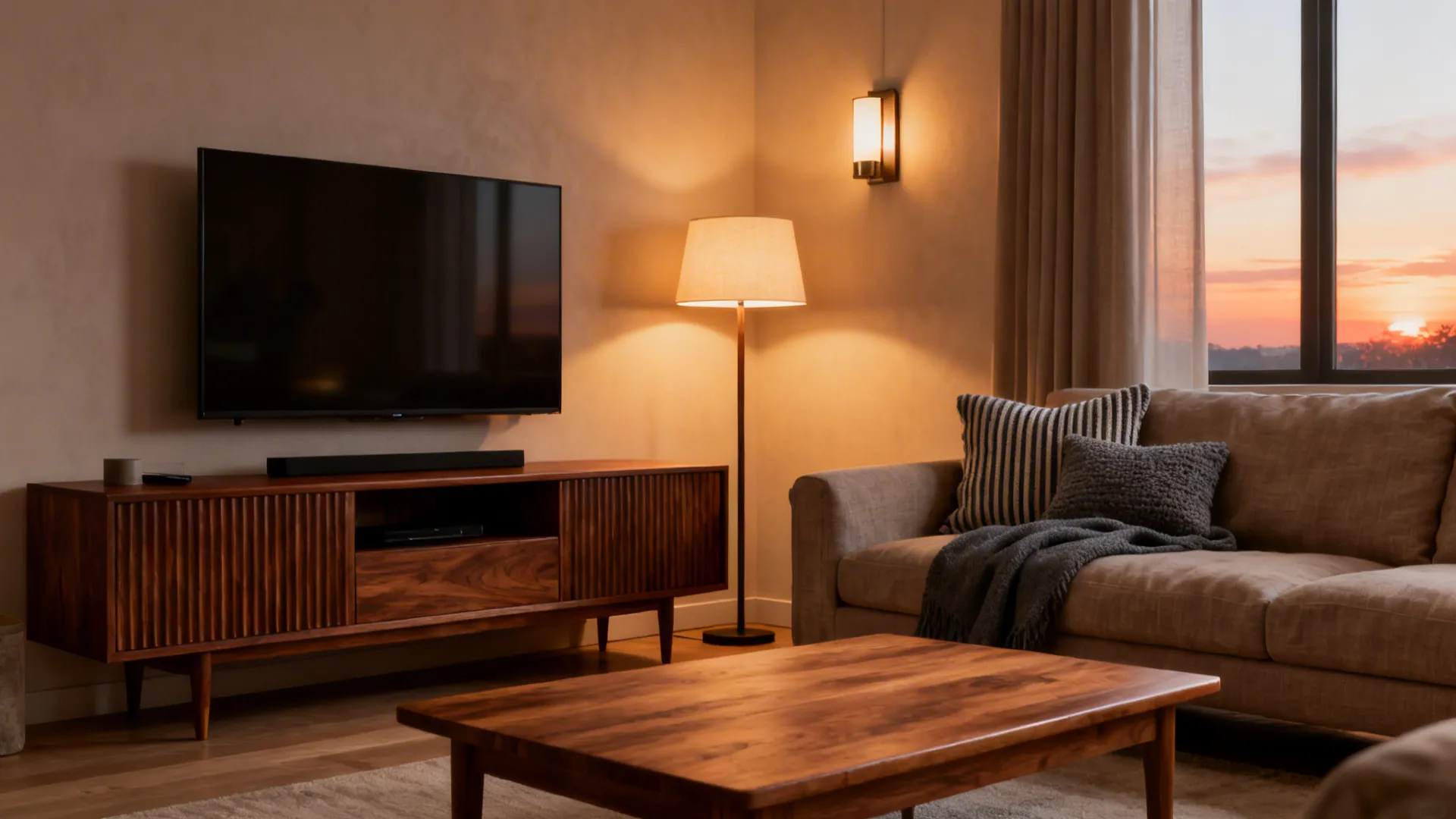 Cozy living corner with fluted walnut console, taupe linen sofa, and warm lighting.