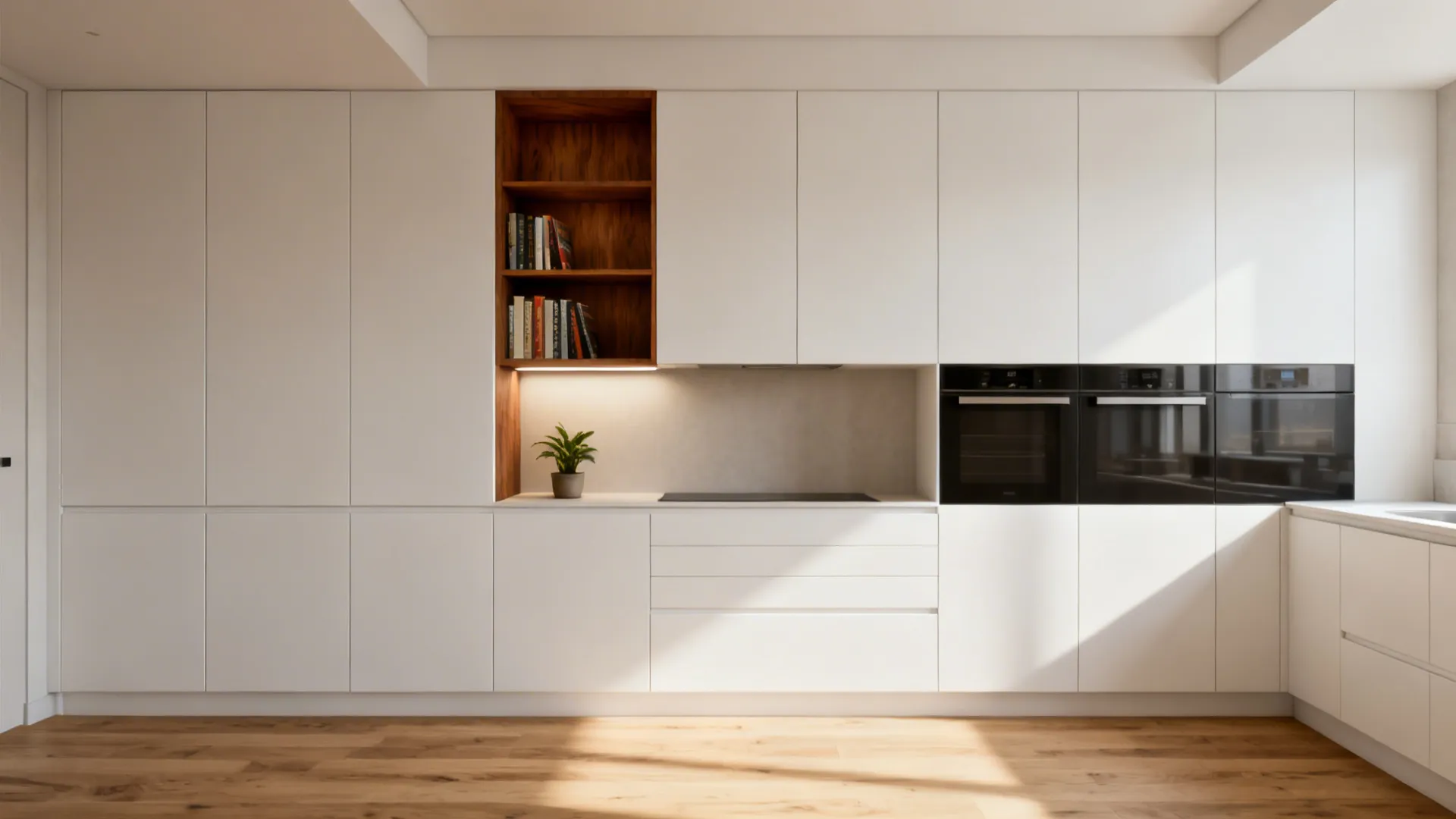Tall kitchen cabinets with a walnut open niche displaying books and a plant.