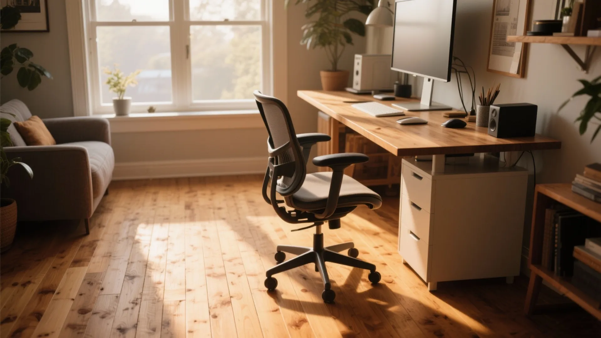 Home office with wood floor, wooden desk, black swivel chair, sofa, window, and natural sunlight