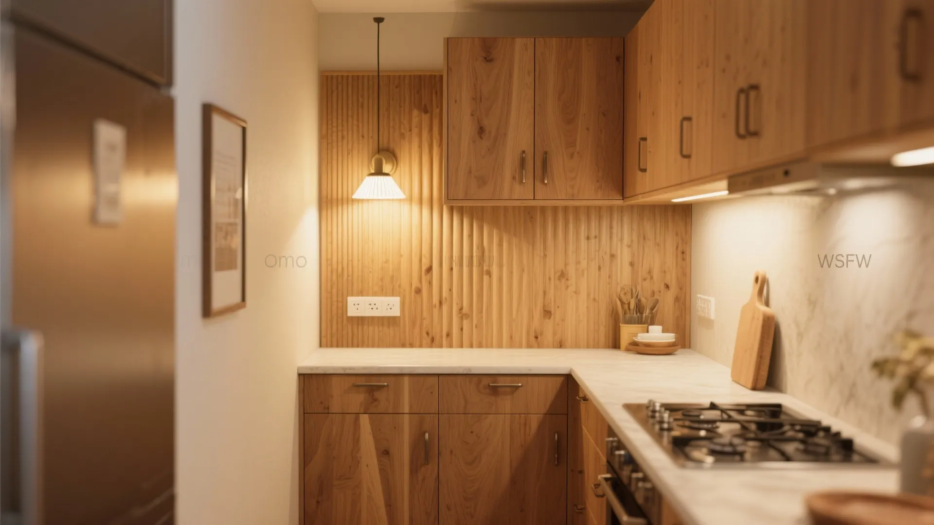 Warm wood accents with soft wall grazing
