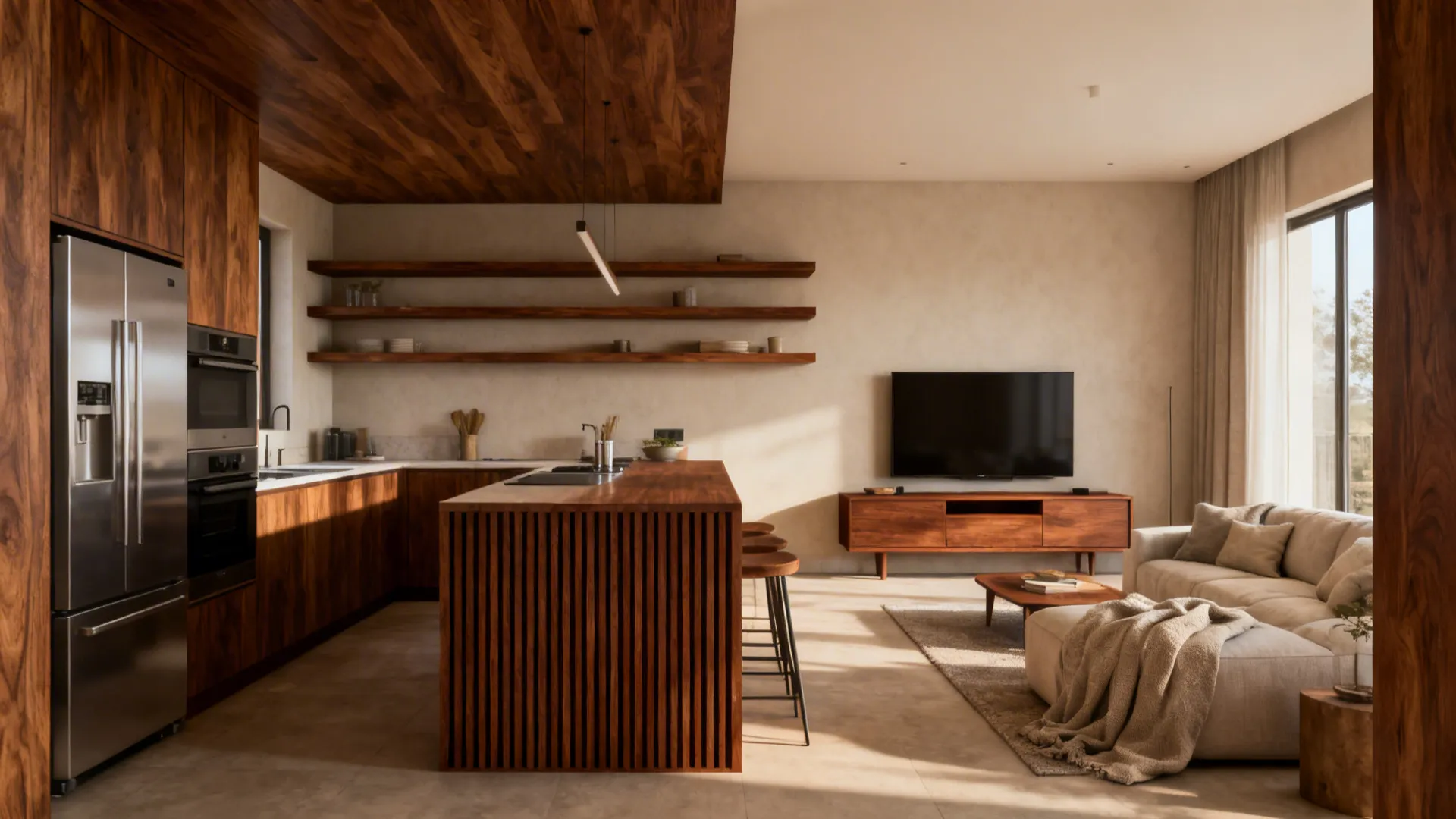 Open kitchen and living room unified by walnut slat island, shelves, and matching TV console.