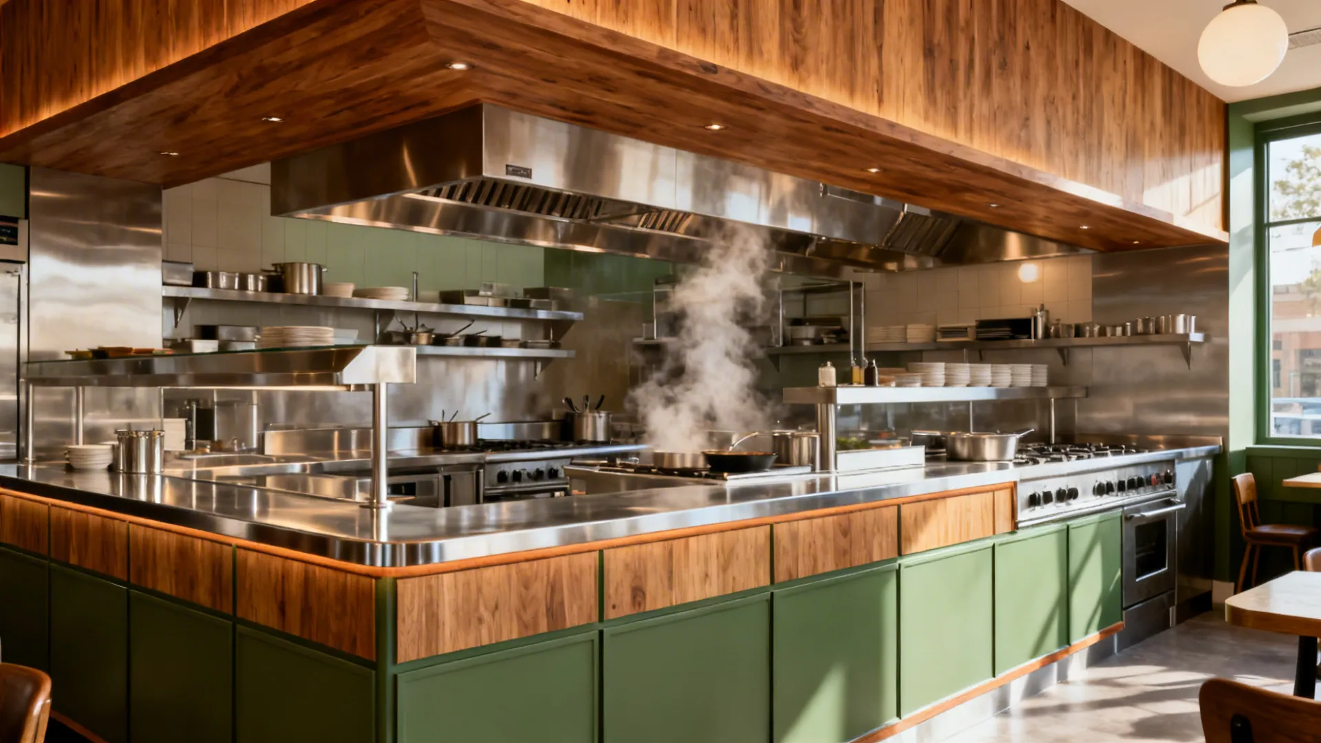 Open kitchen with sealed wood soffit and laminate cabinet faces away from splash zones.