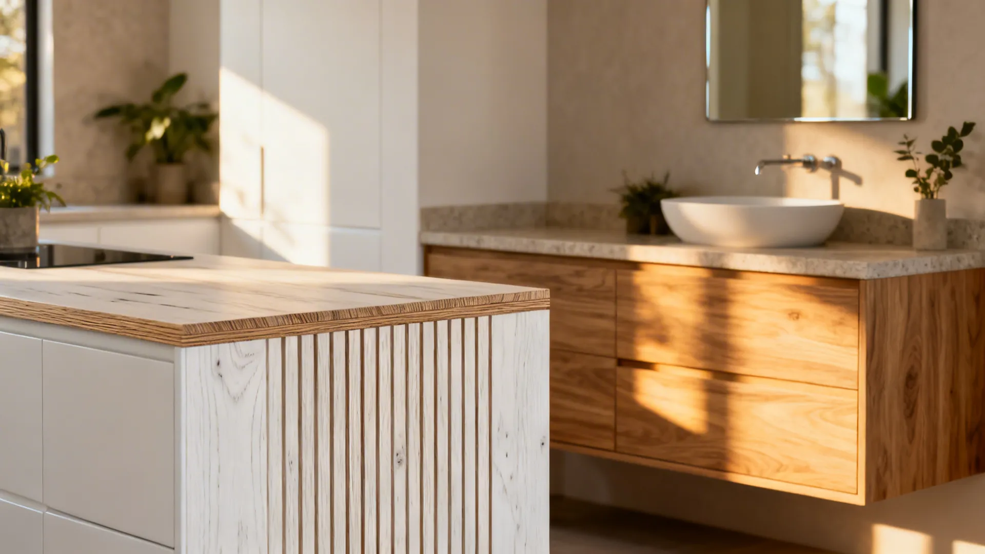 Rift-cut white oak kitchen island and matching bathroom vanity for cohesive warmth.