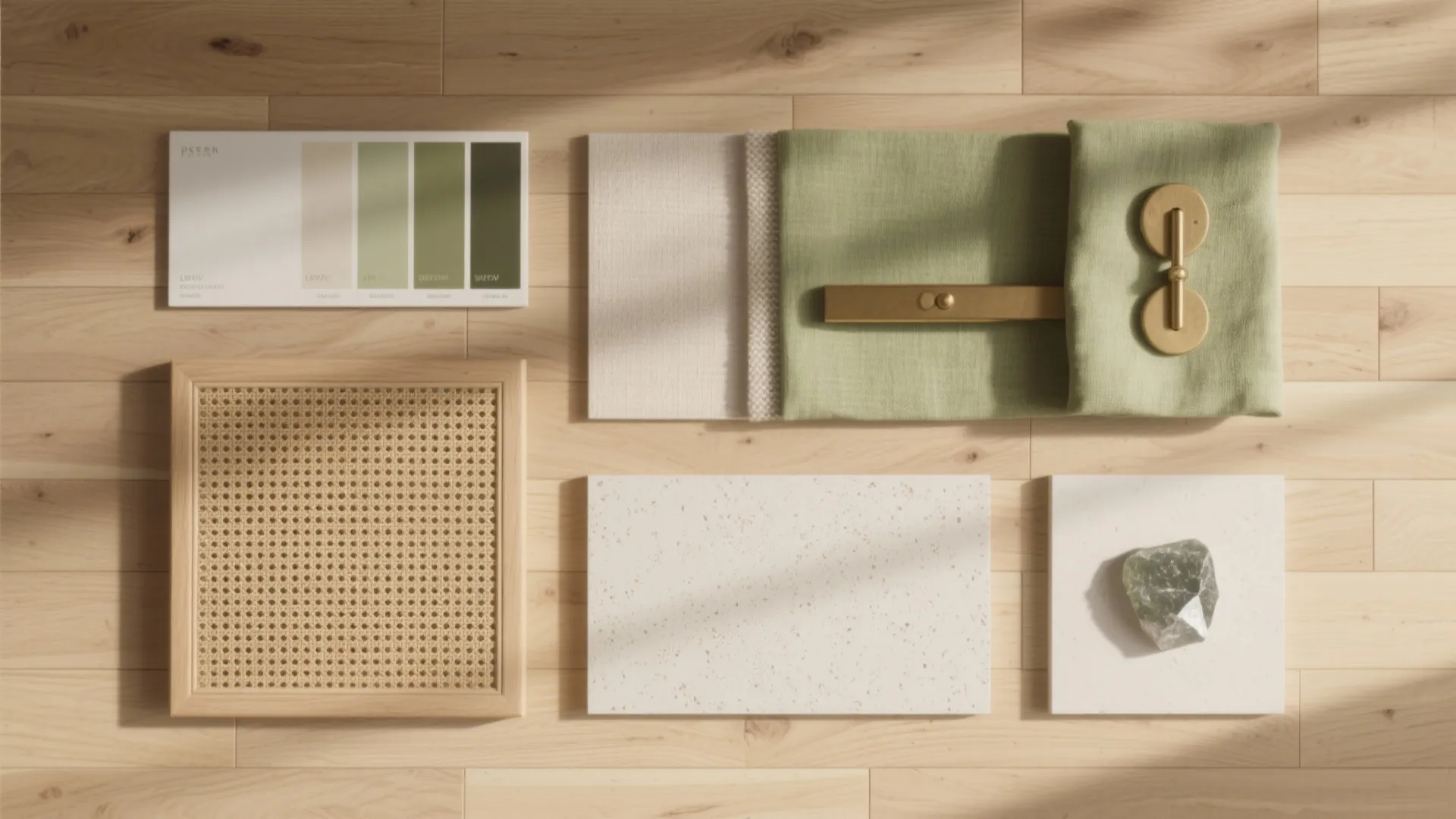 Warm wood tones anchored by breathable neutrals