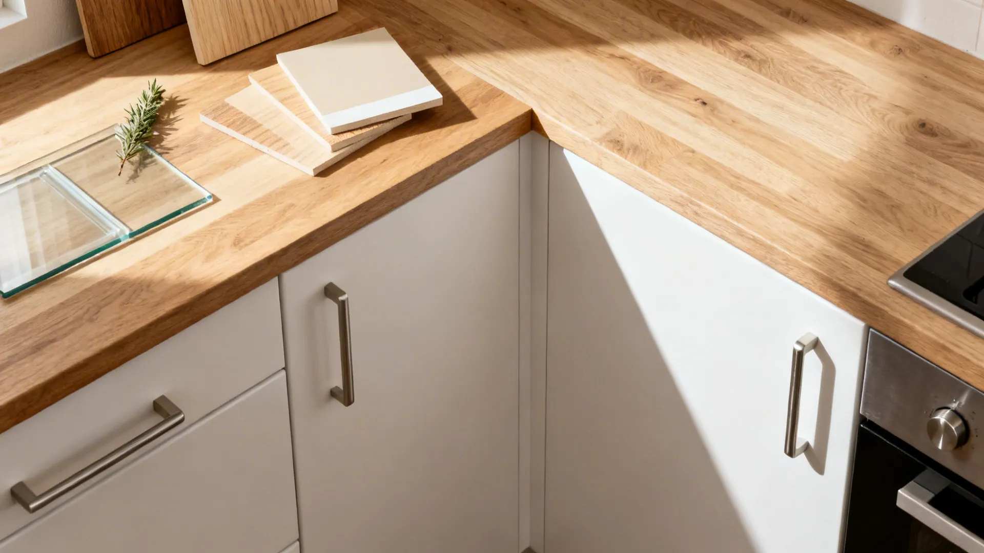 Flat lay of white oak, ash veneers, matte white front, glass sample, and hardware.