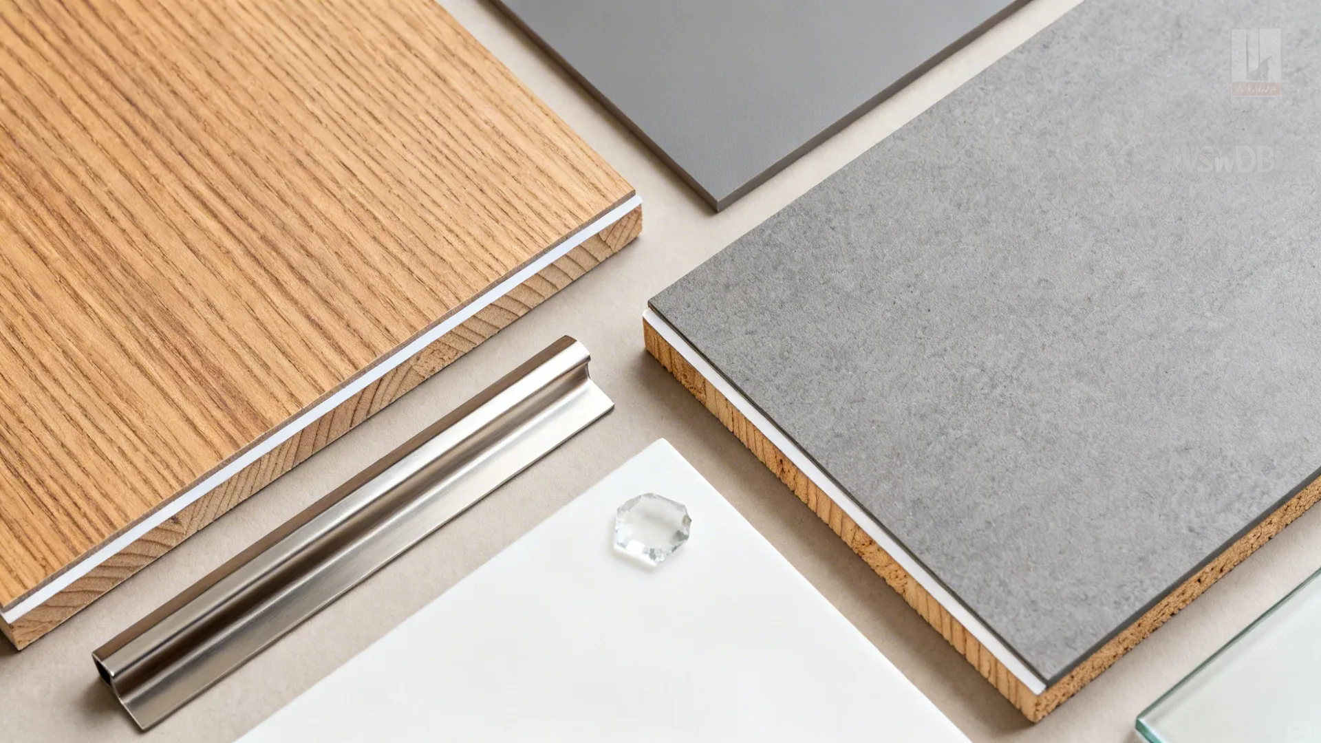 Material flat lay with warm oak laminate, matte grey, plywood edge, metal channel, and glass chip.