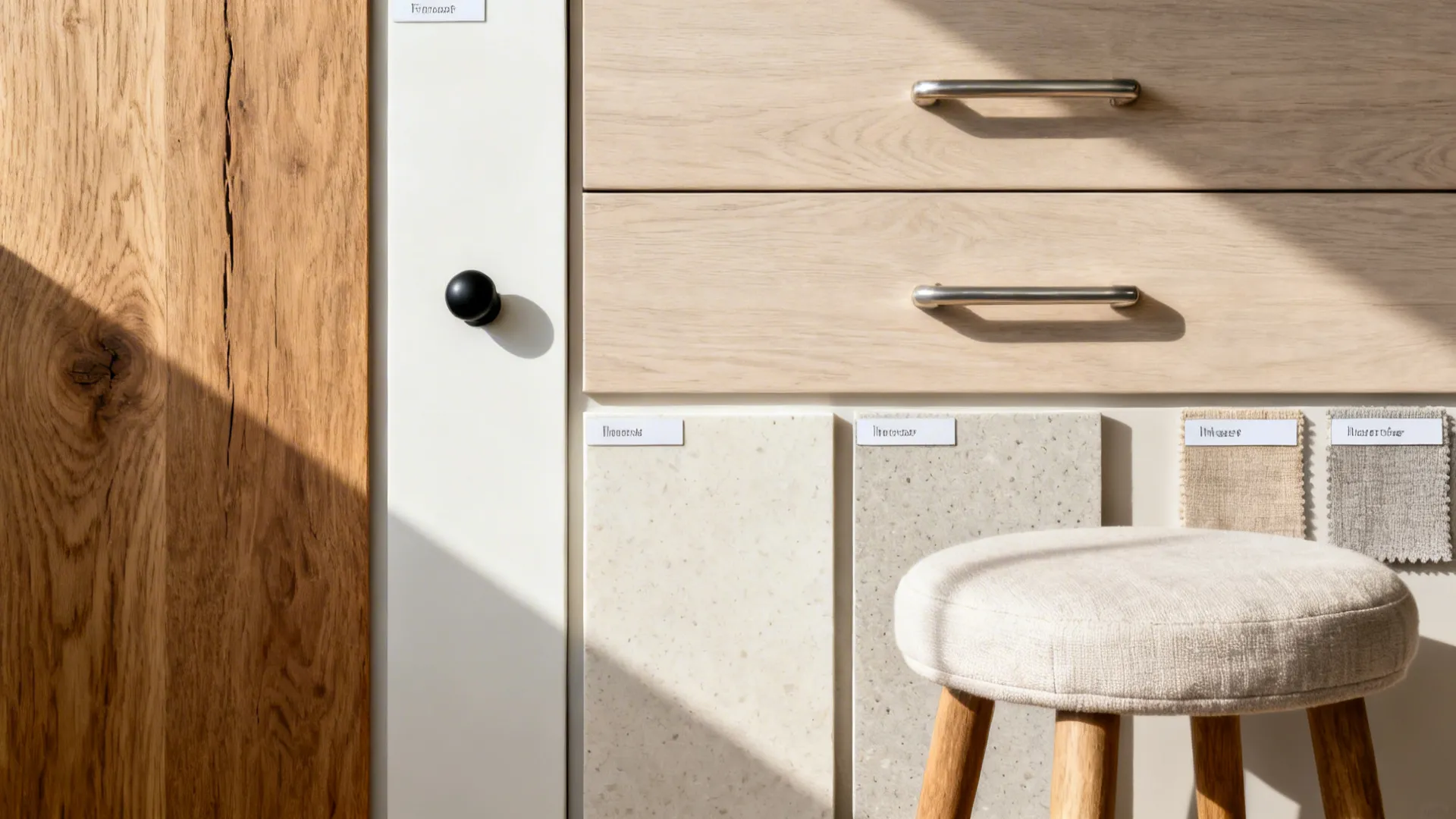 Flat lay of warm wood, light quartz, off-white lacquer, and brushed nickel hardware.