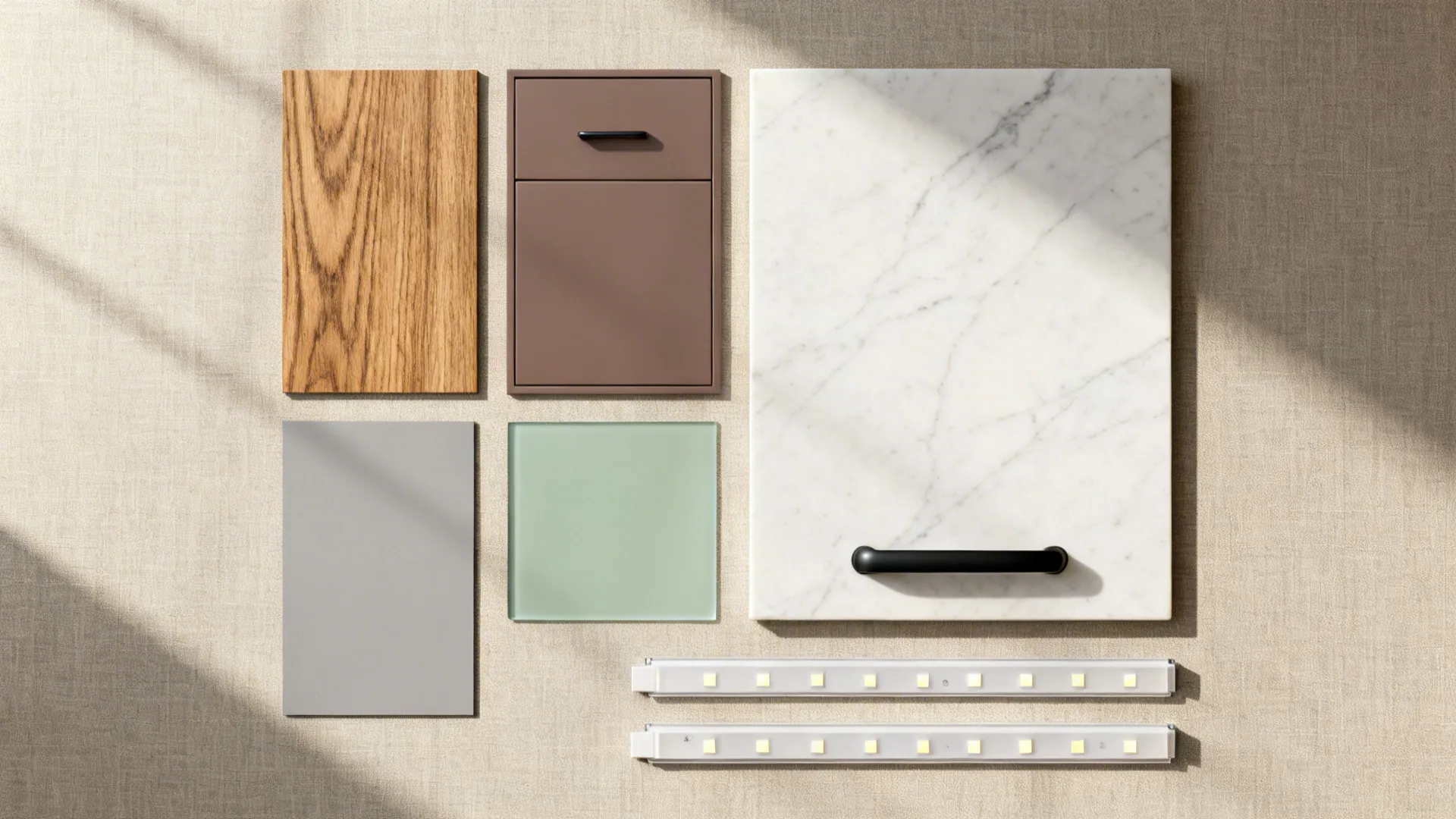 Flatlay of rift-cut oak, matte neutral cabinet swatches, quartz, pulls, and glass color chip.