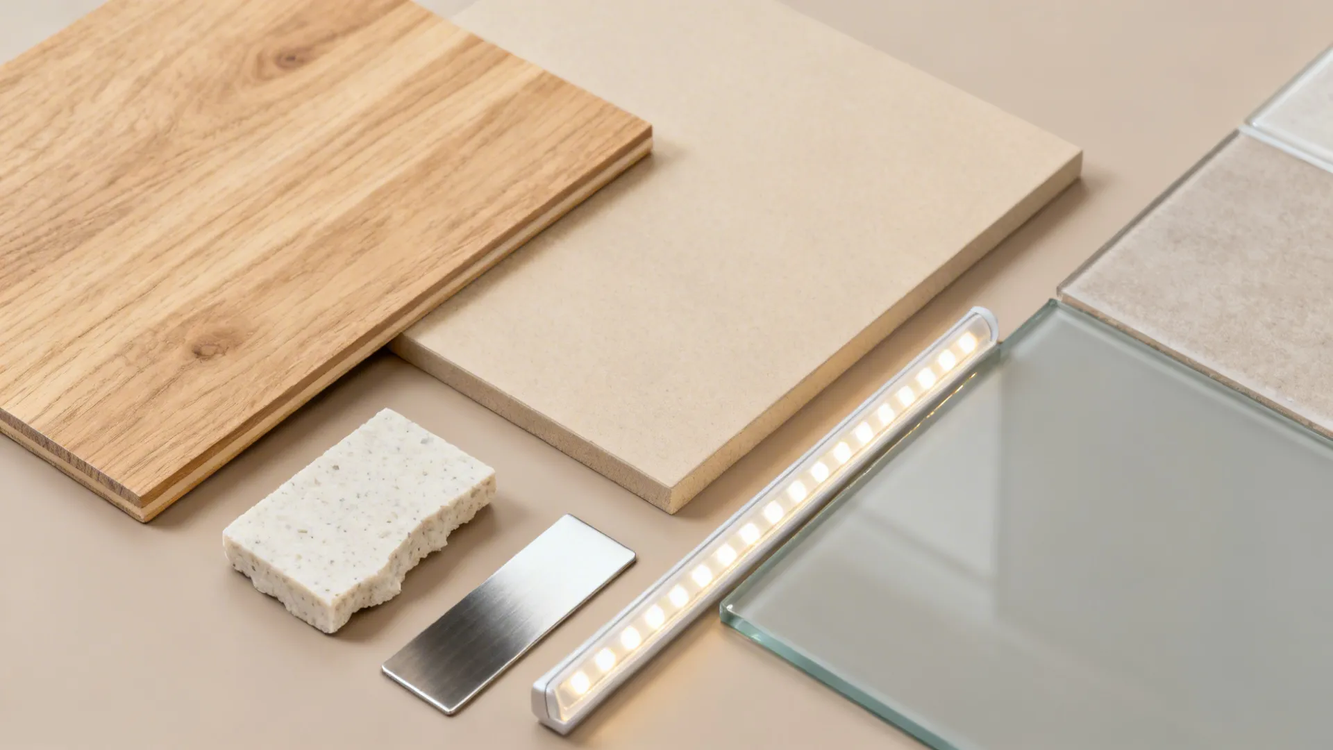 Flatlay of light oak laminate, matte beige laminate, pale quartz, stainless swatch, and grey glass sample.