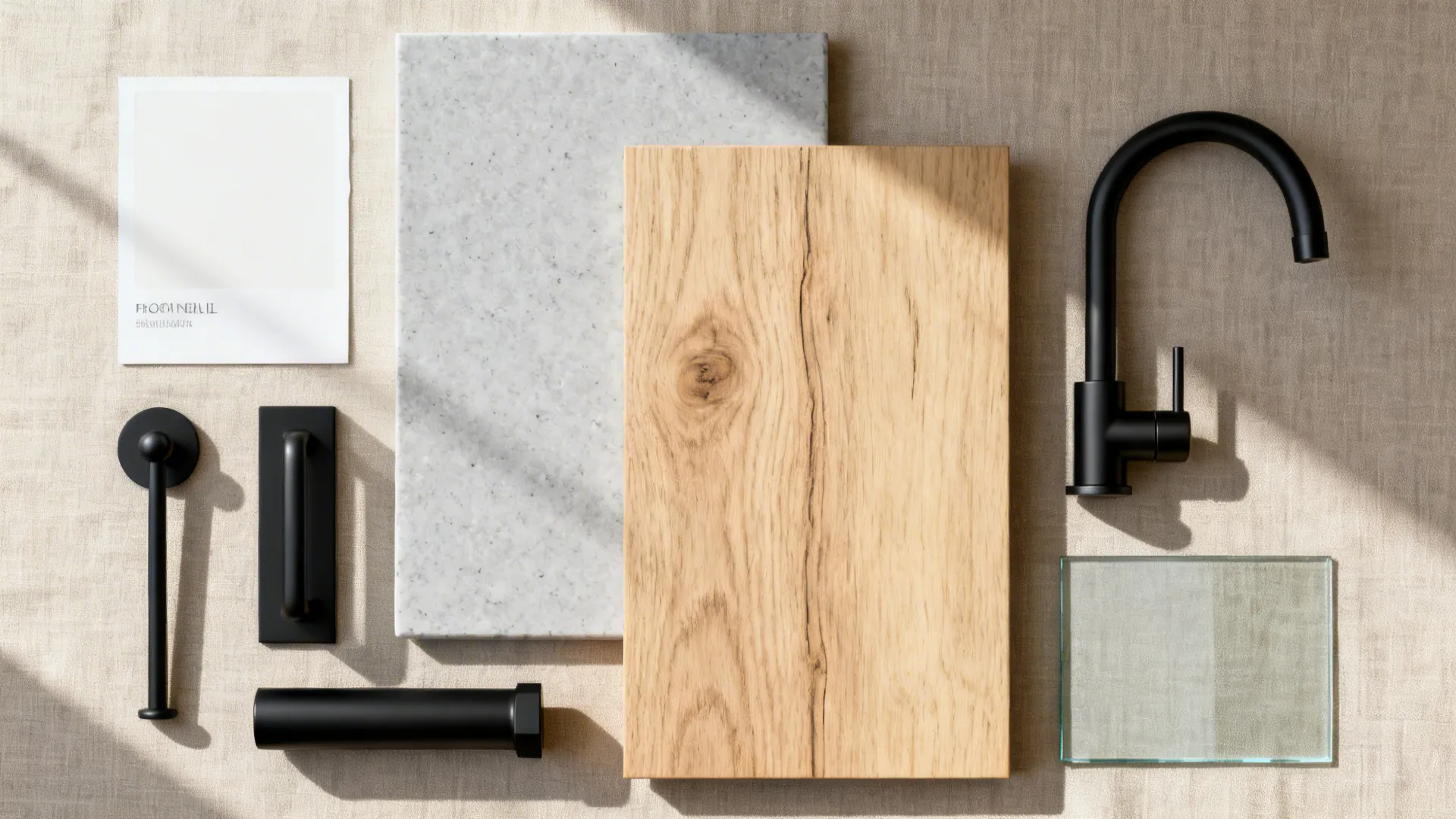 Flat lay of light oak, matte black hardware, warm white paint, gray quartz, and glass samples.